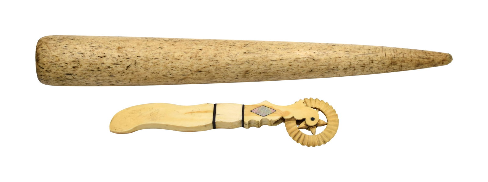 Panbone Fid and Pie Crimper: 19th C. To include: (A) Large fid or marlin spike. Wood inlay at base. 13 1/2" long x 1 1/2" diameter. (B) Sailor-made pie crimper with inlaid abalone and baleen. 7 1/2" long. (A) Shows wear and marks