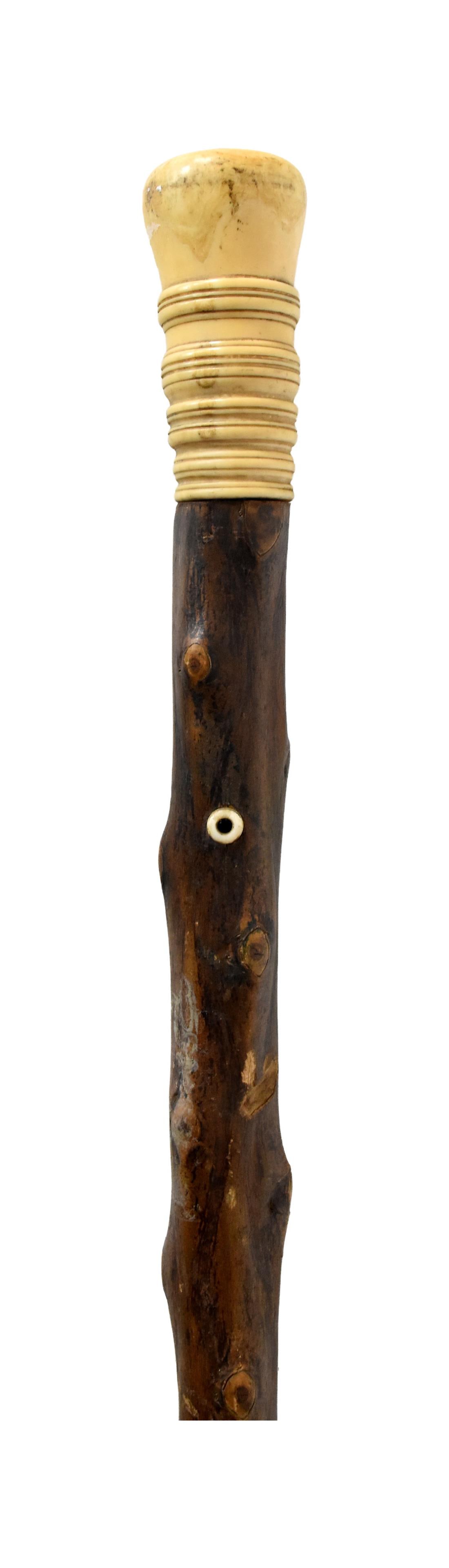Sailor-Made Scrimshaw Cane: 19th C. Large carved spiral turned handle made from a whale's tooth. Tree branch shaft. Top is inset with a British copper coin dated 1863. 33" long. Good condition. Shows age cracking in handle and