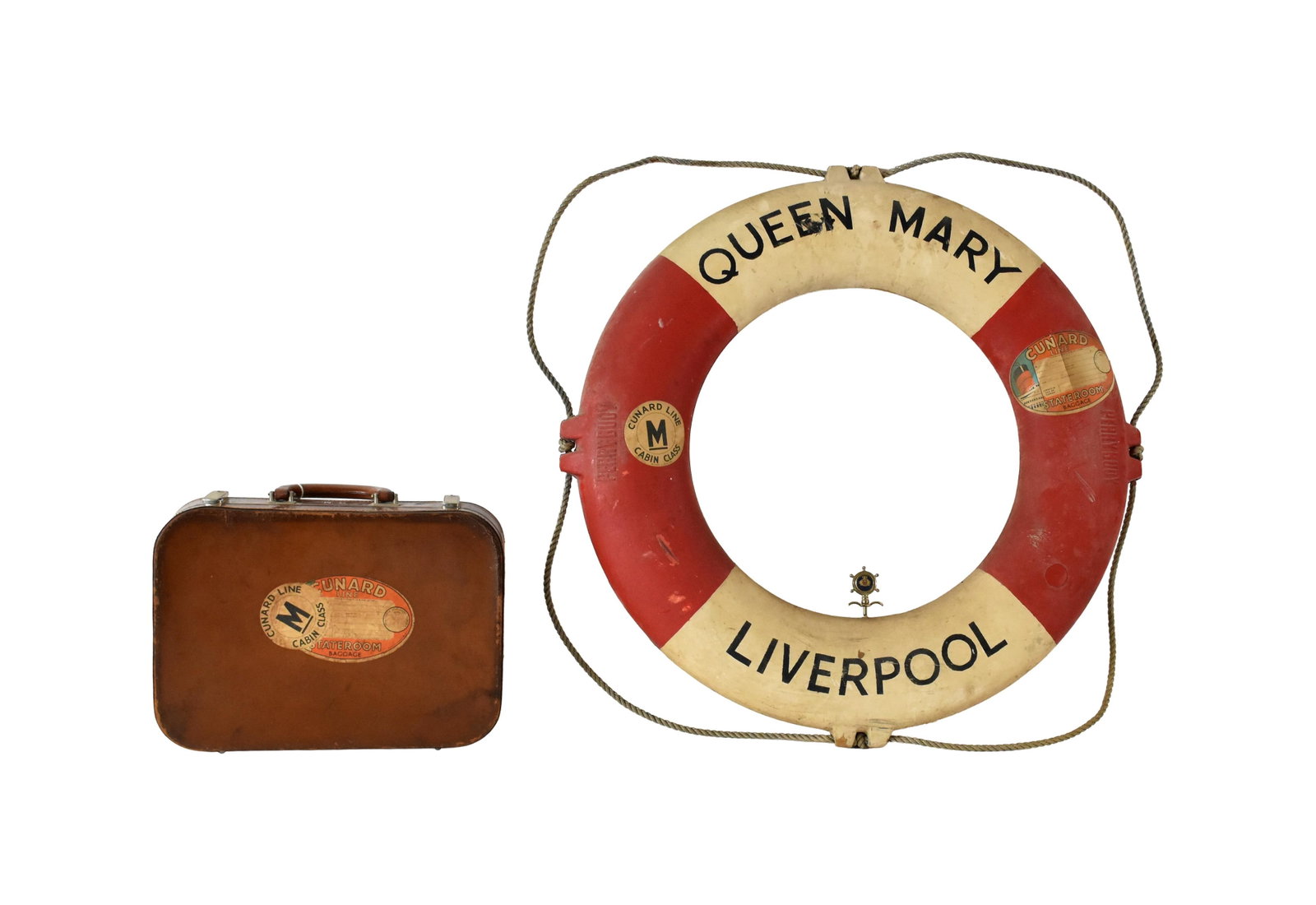 Queen Mary Life Ring: Early 20th C. Marked Liverpool. Labels: Cunard Line; M Cabin Class; State Room Baggage. Manufactured by Perry Bouy. 32 1/2" wide x 30 1/2" diameter. Along with a leather brief case. Cunard label on