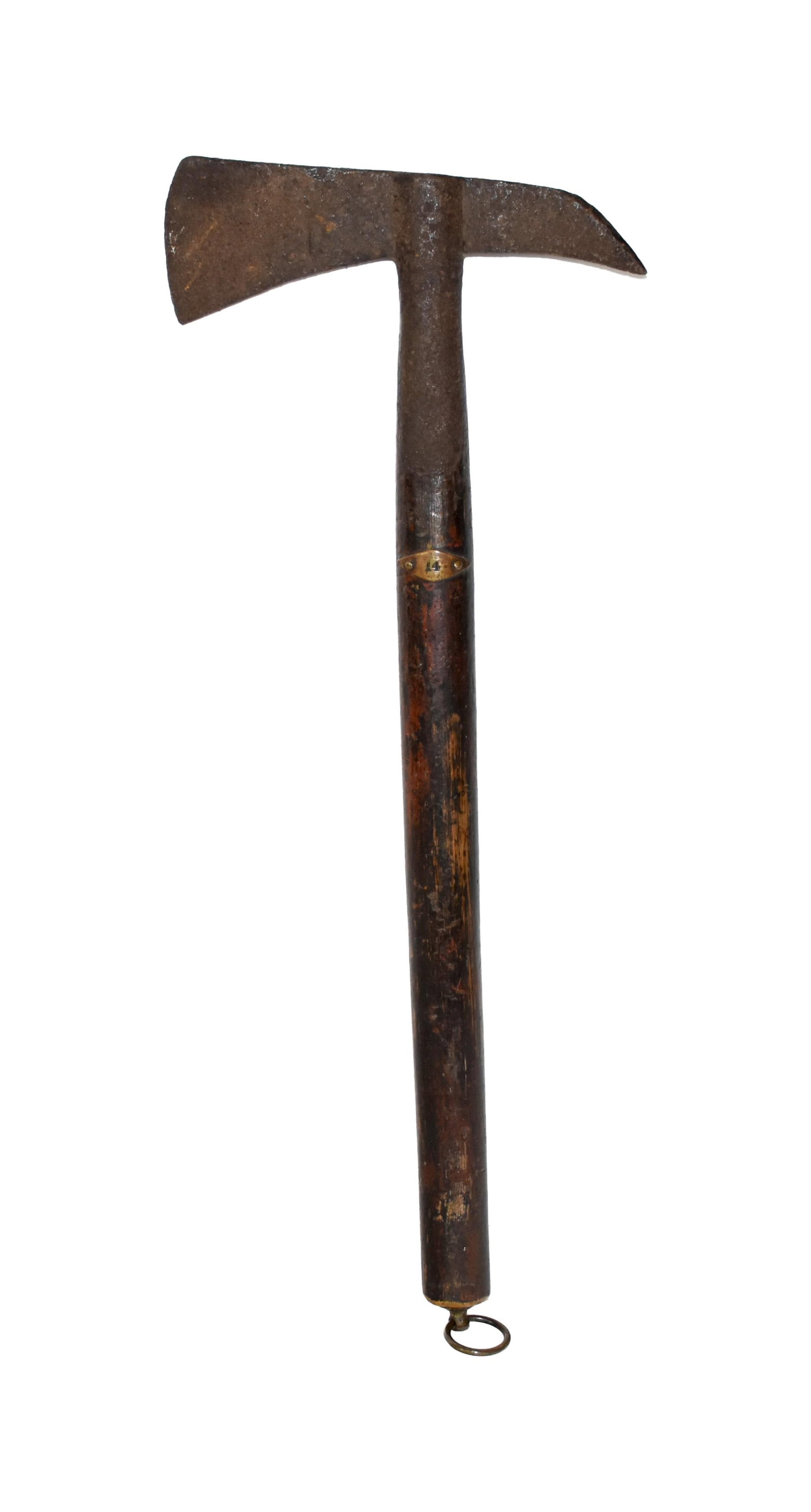 Naval Boarding Axe: 19th C. Small brass plaque with the number 14 on side. Ring hardware at end of handle. 21 1/2" long x 8" wide blade.Shows heavy oxidation on axe head. Wear to handle consistent with age and use.