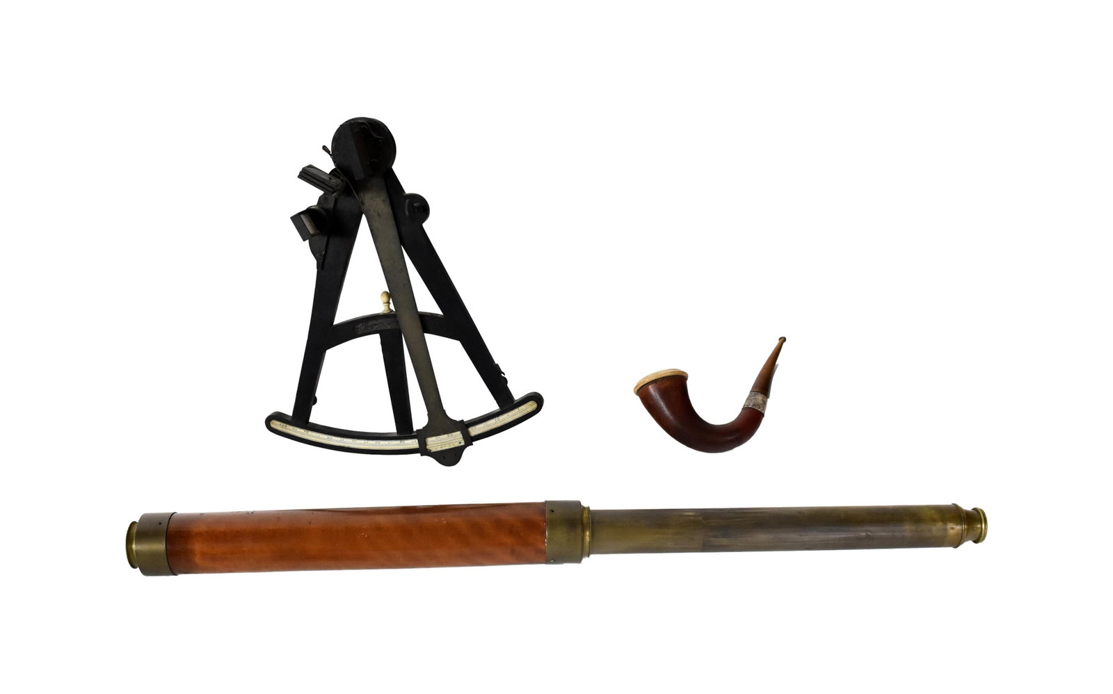 Sailor's Spyglass, Sextant and Tobacco Pipe: 19th C. To include: (A) Brass and wood telescoping spyglass. Unsigned. 30 3/4" long fully extended x 2 1/4" diameter. (B) British tobacco pipe with silver band. Silver band shows English hallmarks.