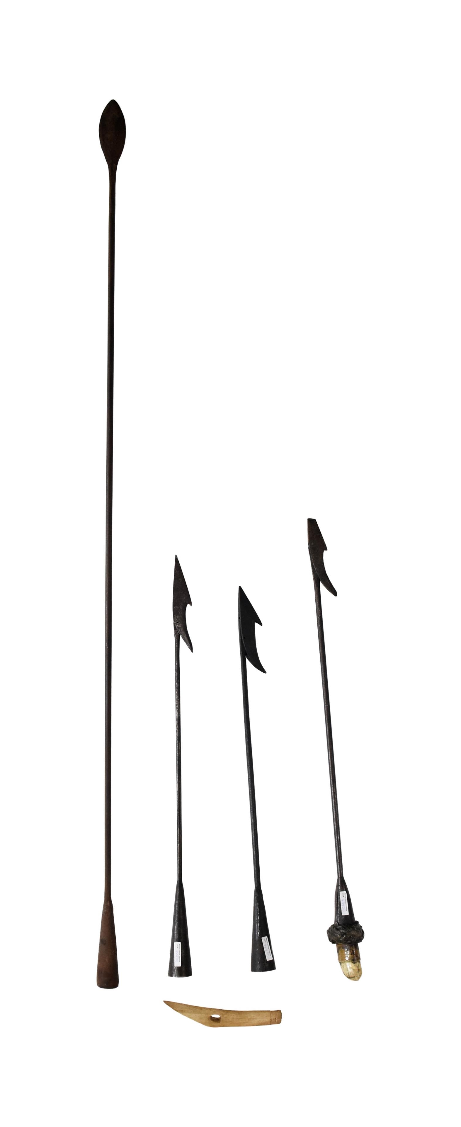 (5) Azorean Whaling Implements: 20th C. To include: (A) Steel lance with a socket welded to the shaft. 65 1/4" long x 2" wide blade. (B) Three toggle harpoons with sockets welded to the shaft. No maker marks. One was modified to be