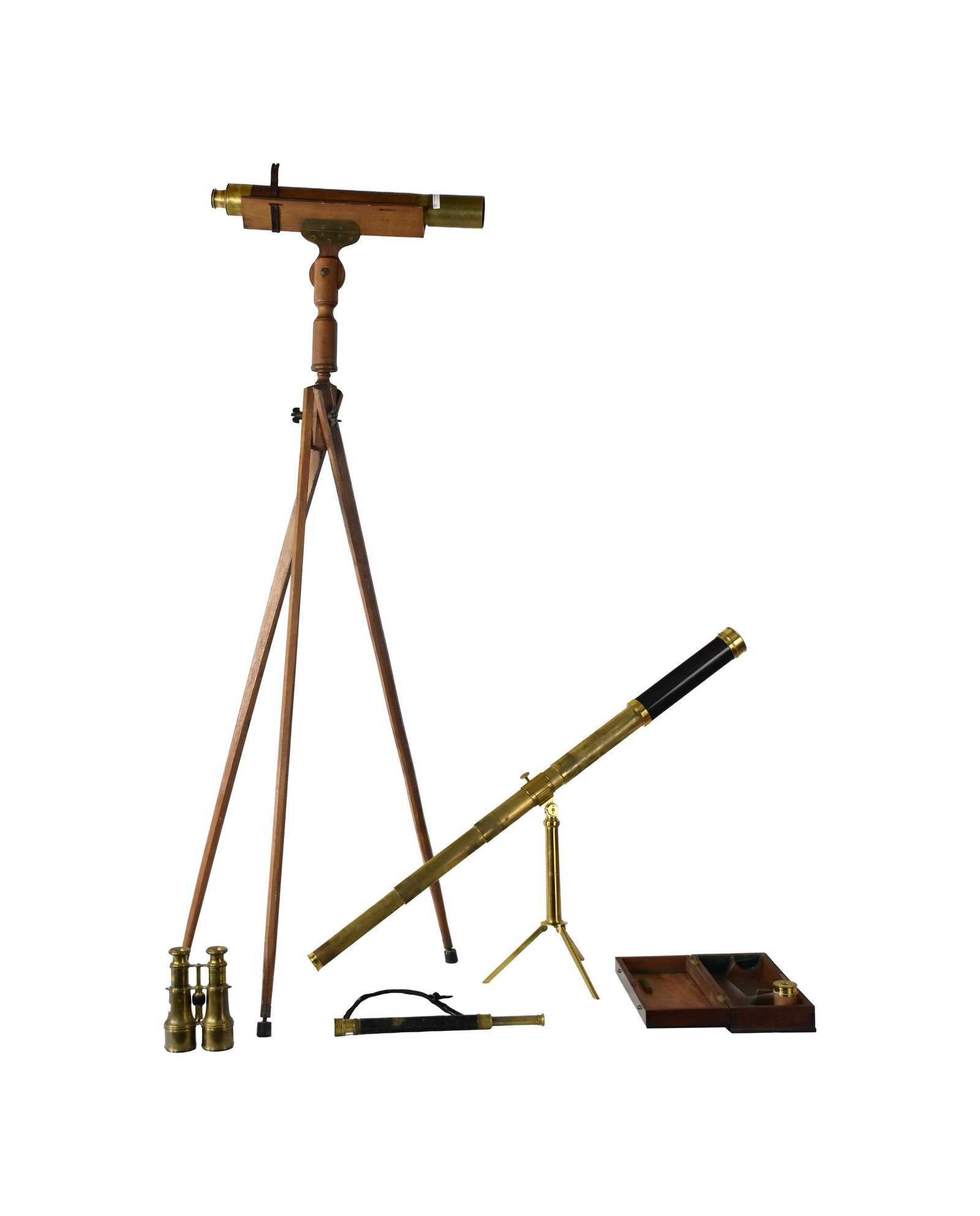 (3) Telescopes and a Set of Binoculars: 19th C. To include: (A) Brass and wood telescoping spyglass with stand. Marked "Dollond of London, Imperial Day or Night". 36" fully extended x 2 1/2" diameter. Stand measures: 59" high. (B) Cased