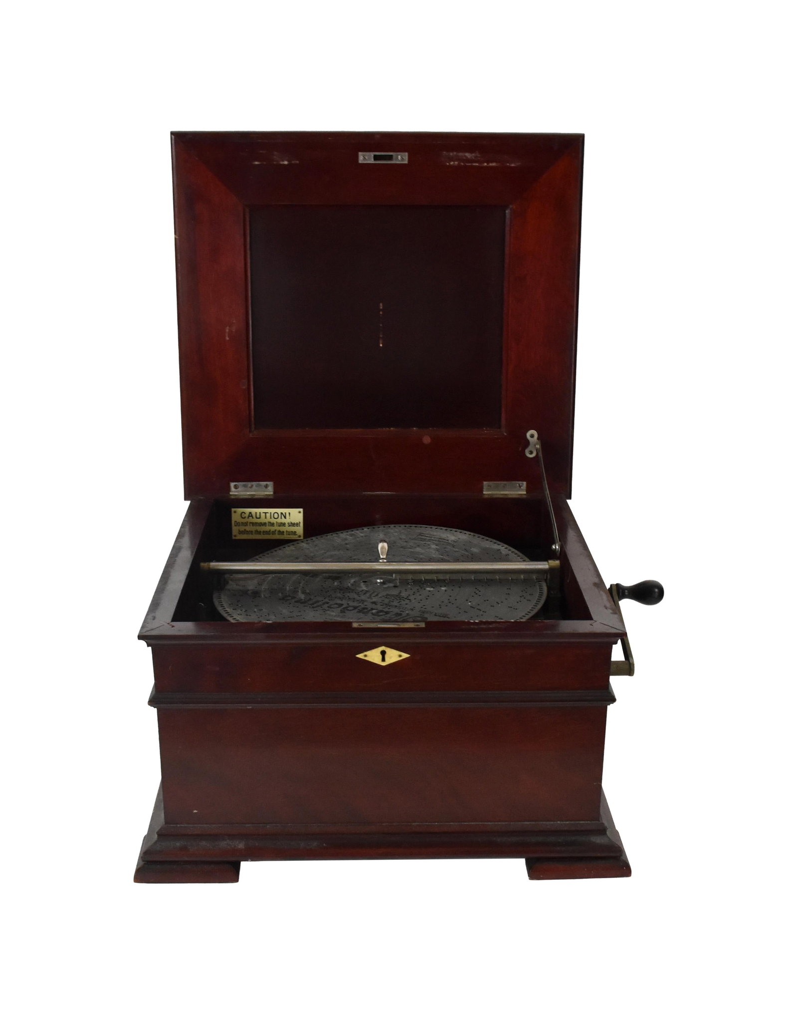 Stella Double Comb Disc Player: Patented September 22, 1885. Case: 11" high x 18 1/2" wide x 17 1/2" deep. Comes with 23 discs measuring: 14" diameter.Light surface scratches to player. Missing its lithograph insert on inside of cov