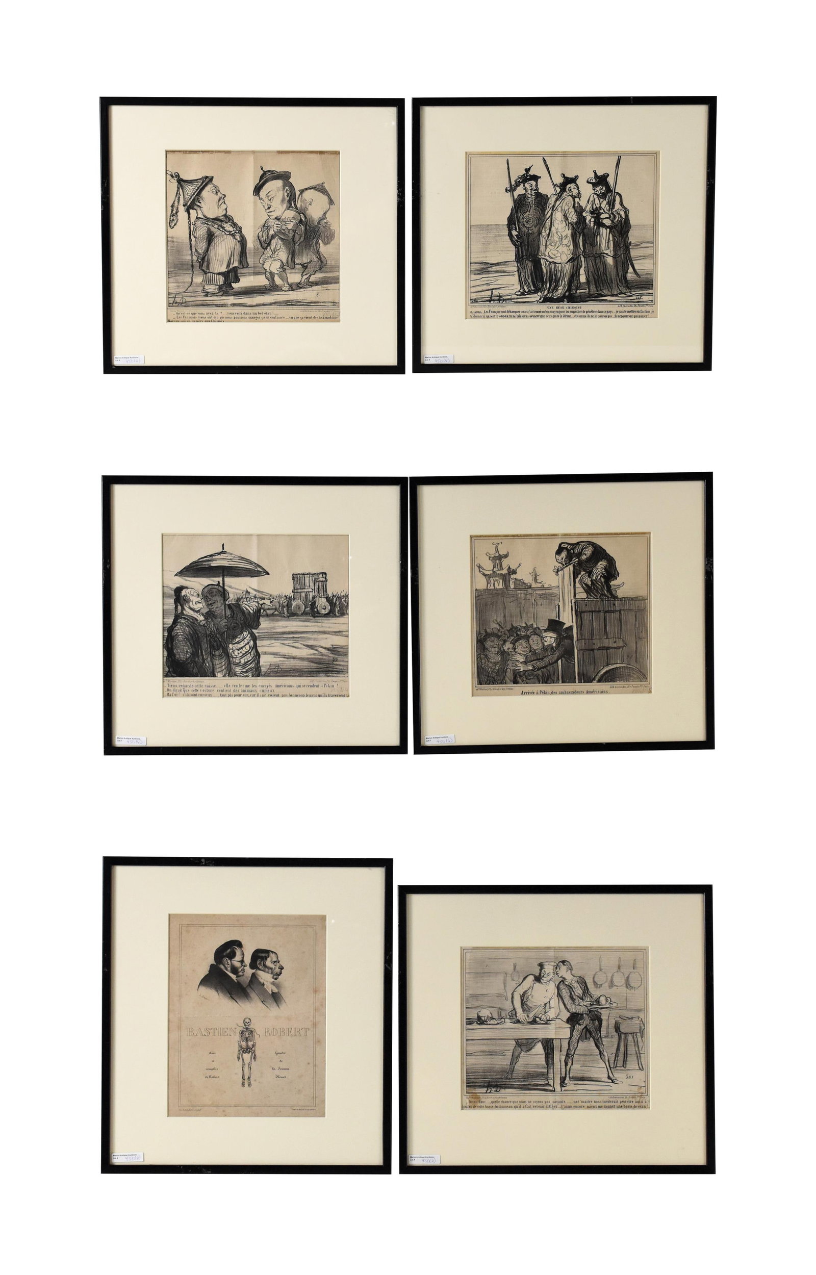 (6) Satirical Prints After Honore Daumier: (French, 1808-1879). To include: (A) American envoys transported in a crate. HD monogram center bottom. Sight size: 9 1/2" high x 10 3/4" wide. In a black frame under glass measuring: 16 1/4" high x