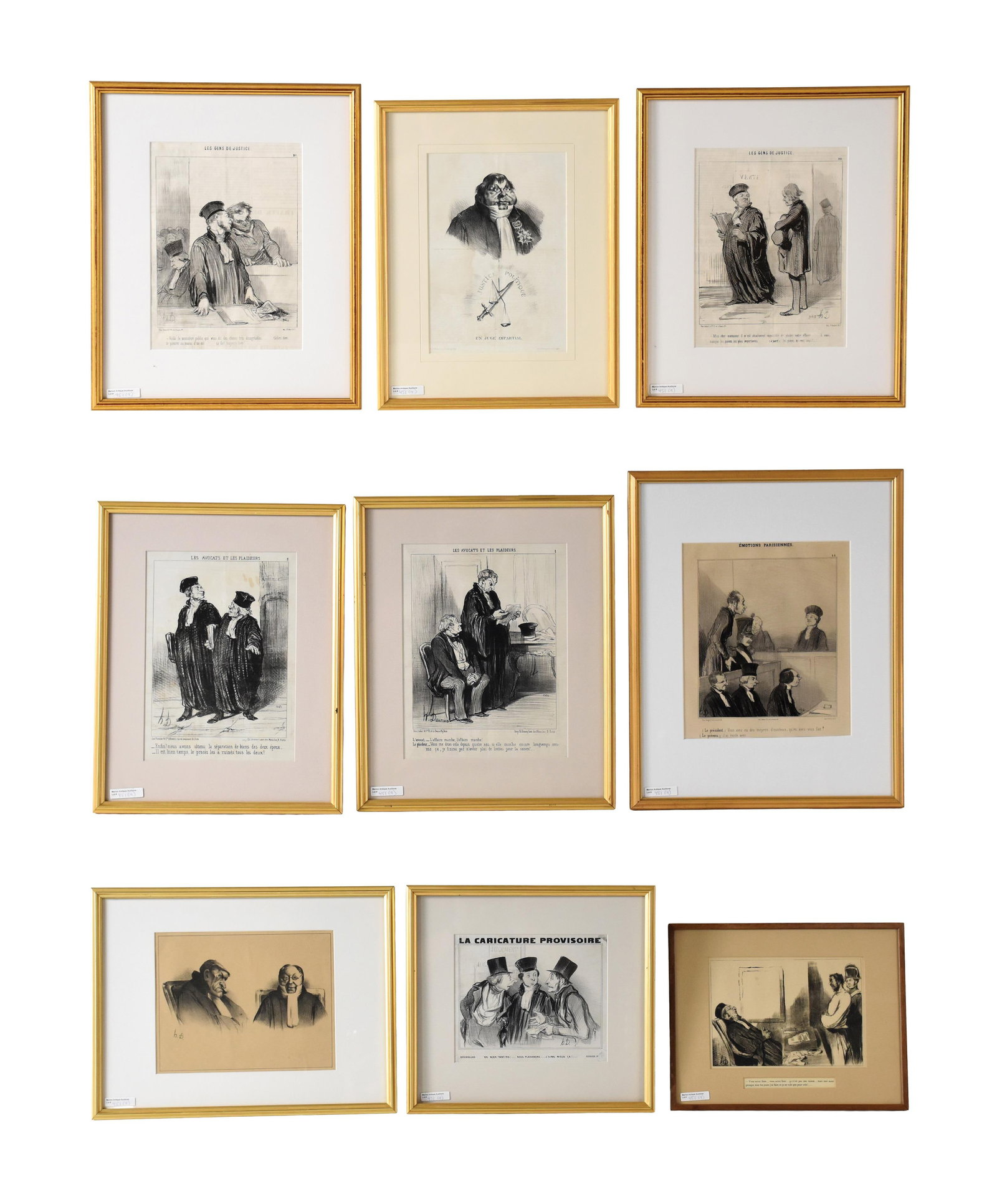 (9) Legal Prints After Honore Daumier: (French, 1808-1879). To include: (A) Courtroom figures in discussion. Sight size: 11 1/2" high x 8 3/4" wide. In a high quality gilt frame under glass measuring: 17 3/4" high x 14 1/2" wide. (B) Les