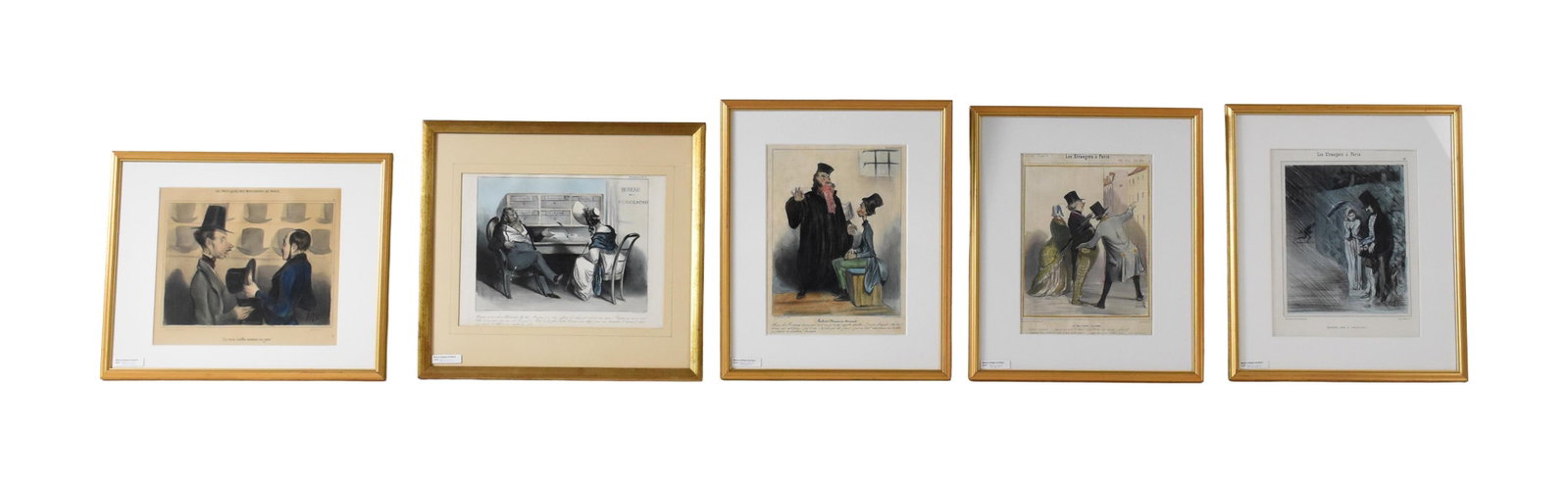 (5) Hand-Colored Prints After Honore Daumier: (French, 1808-1879). To include: (A) Two figures conversing. Sight size: 11 1/2" high x 8 1/2" wide. In a high quality gilt frame under glass measuring: 16 3/4" high x 13 3/4" wide. (B) Bureau des