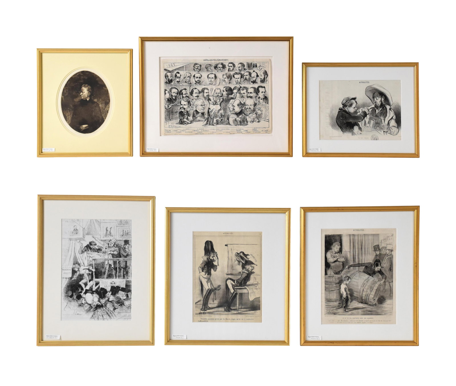 (4) Works After Honore Daumier Plus Two Additional: (French, 1808-1879). To include: (A) Parade du Charivari. Street performers. Signed H. Daumier lower left. Sight size: 12 3/4" high x 8 3/4" wide. In a high quality gilt frame measuring: 19" high x