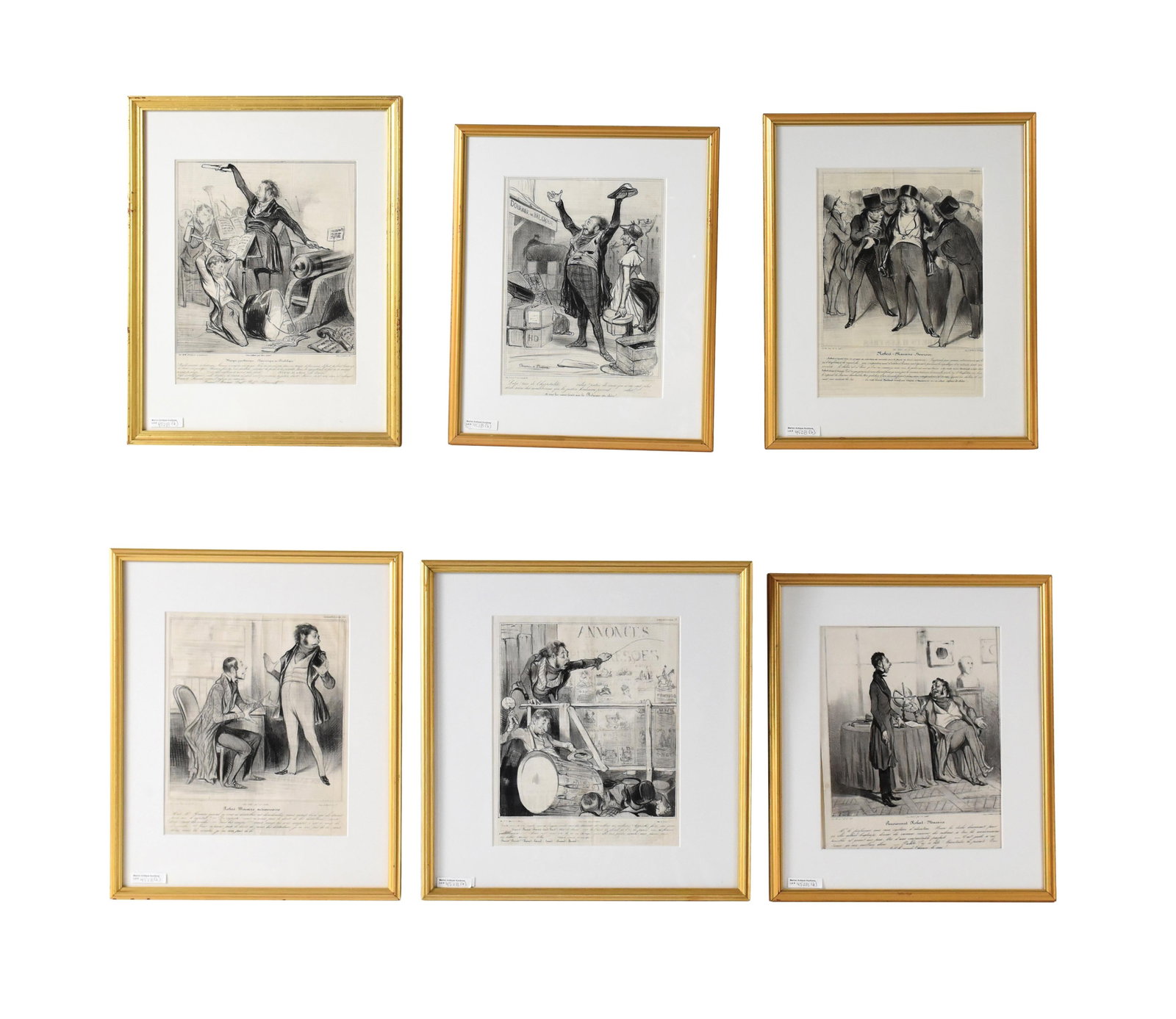 (6) Works After Honore Daumier: (French, 1808-1879). Six satirical prints, five featuring Robert Macaire, a recurring fictional swindler, who was used to satirize bourgeois ambition, financial speculation, and social hypocrisy. To