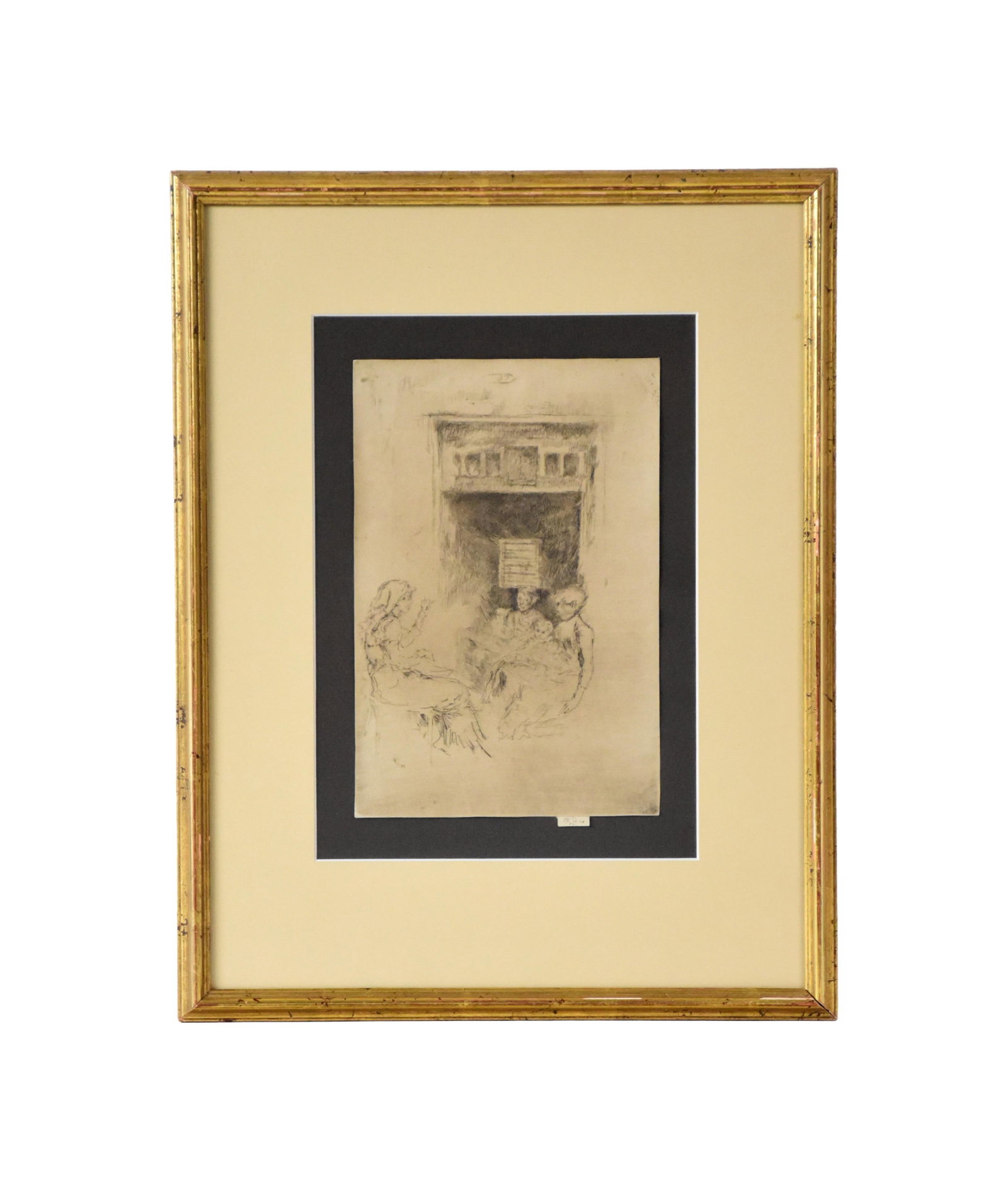 James McNeill Whistler Etching: (American, 1834-1903). Etching and dry point. "The Bead Stringers". Signed in ink lower right on tab below the plate. Old gallery label on verso: "P. &D. Colnaghi and Company, LTD, Bond Street, London