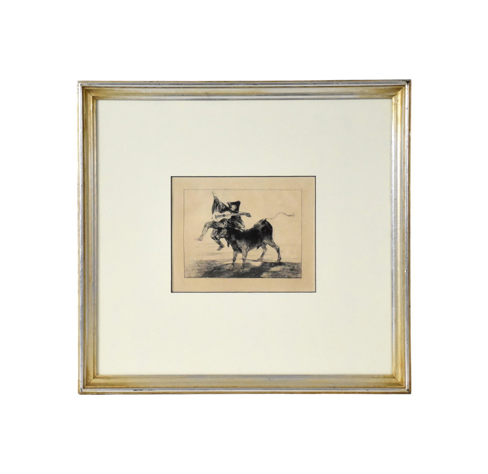 Francisco Goya Etching: (Spanish, 1746-1828). Etching after the original plate. "Dios se lo Paque a Umsted". No visible signature. Plate size: 7" high x 8 3/4" wide. In a metal silver gilt frame under UV glass measuring: 19"