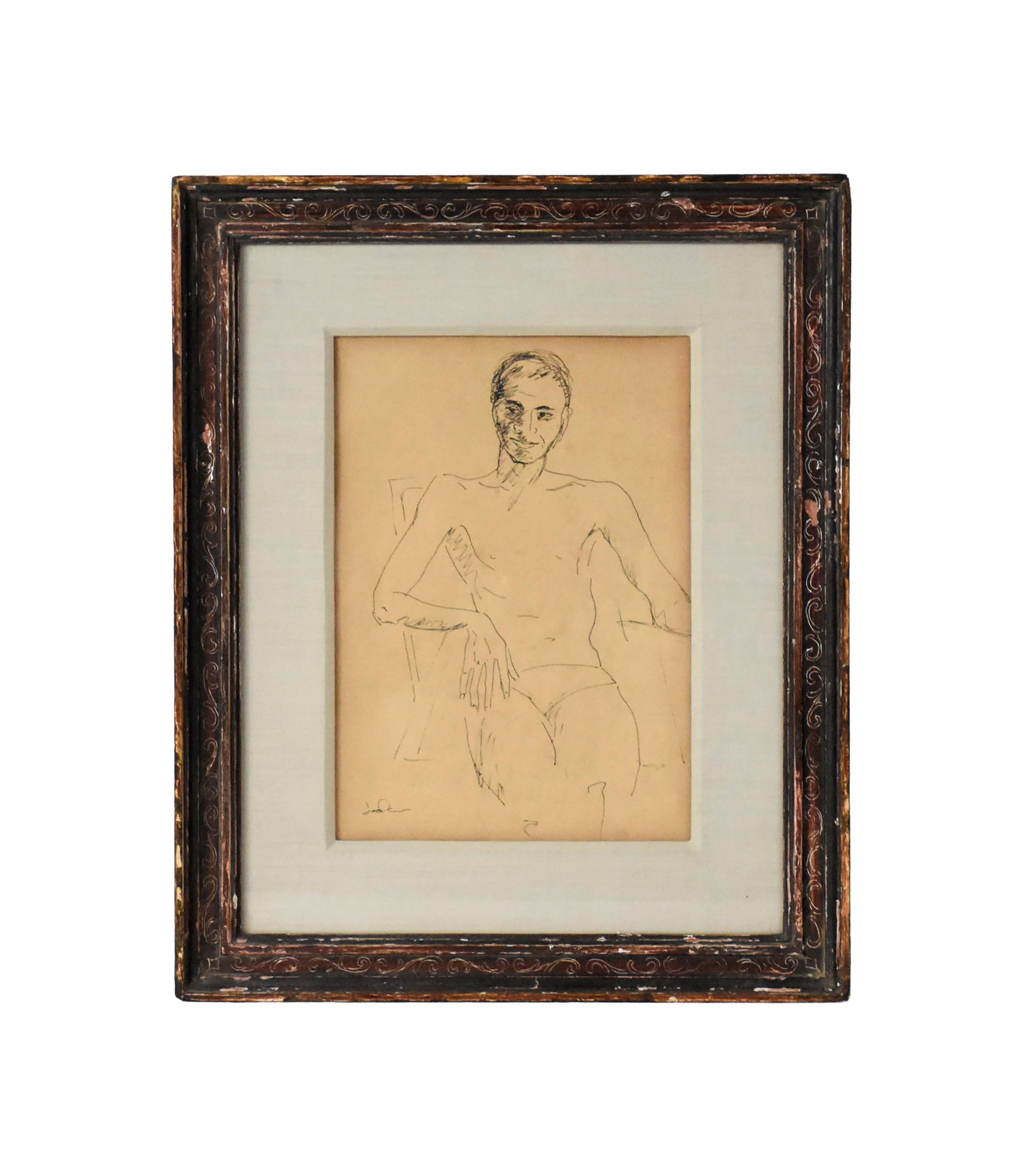 Pat Ladeu Pen and Ink Portrait: Ca. 1963. Portrait of Ben Johnson. Noted on verso "Done in 1963 on St. Thomas". Signed lower left. Sight size: 11" high x 7 3/4" wide. In a distressed carved wooden frame under UV glass measuring: 18"