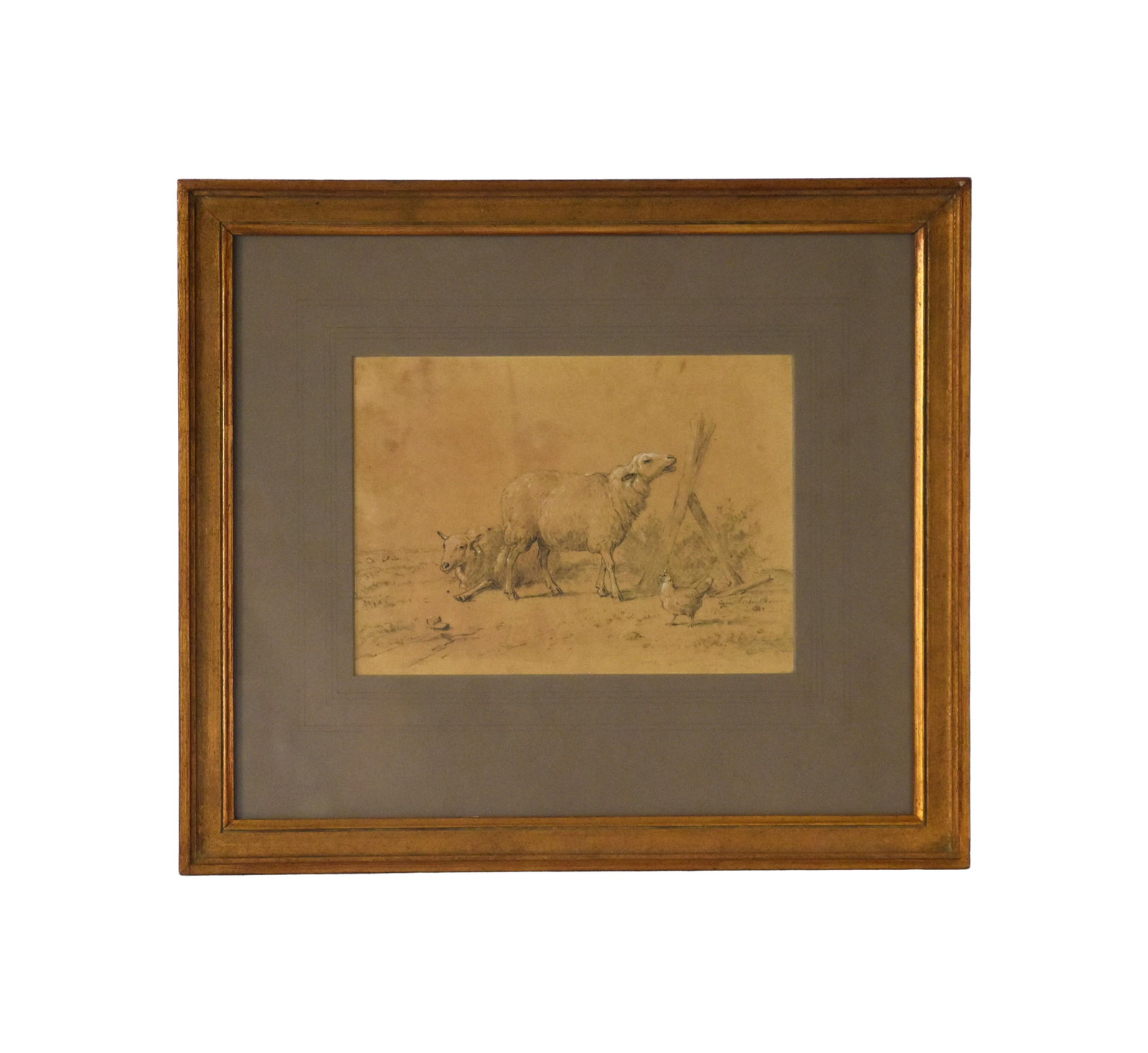 Eugene Verboeckhoven Painting: (Belgian, 1798-1891). Mixed media. Depicts a field with two sheep and a chicken. Signed lower right. Dated 1880. Sight size: 7 1/2" high x 10" wide. In a later gilt molded frame and matting under