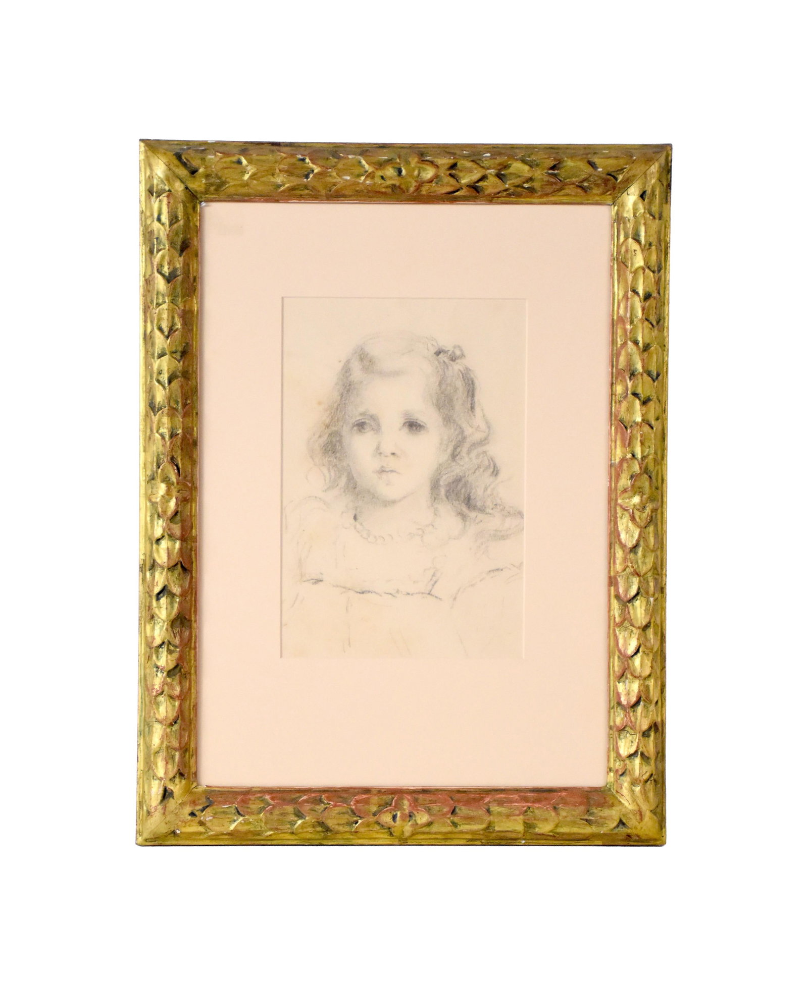 Graphite Drawing of Young Girl: Mid-20th C. Graphite on paper. Unsigned. Sight size: 10" high x 7" wide. In a carved and gilt reproduction frame under glass measuring: 20 1/2" high x 15 1/2" wide. Provenance: Estate of Alfred J.
