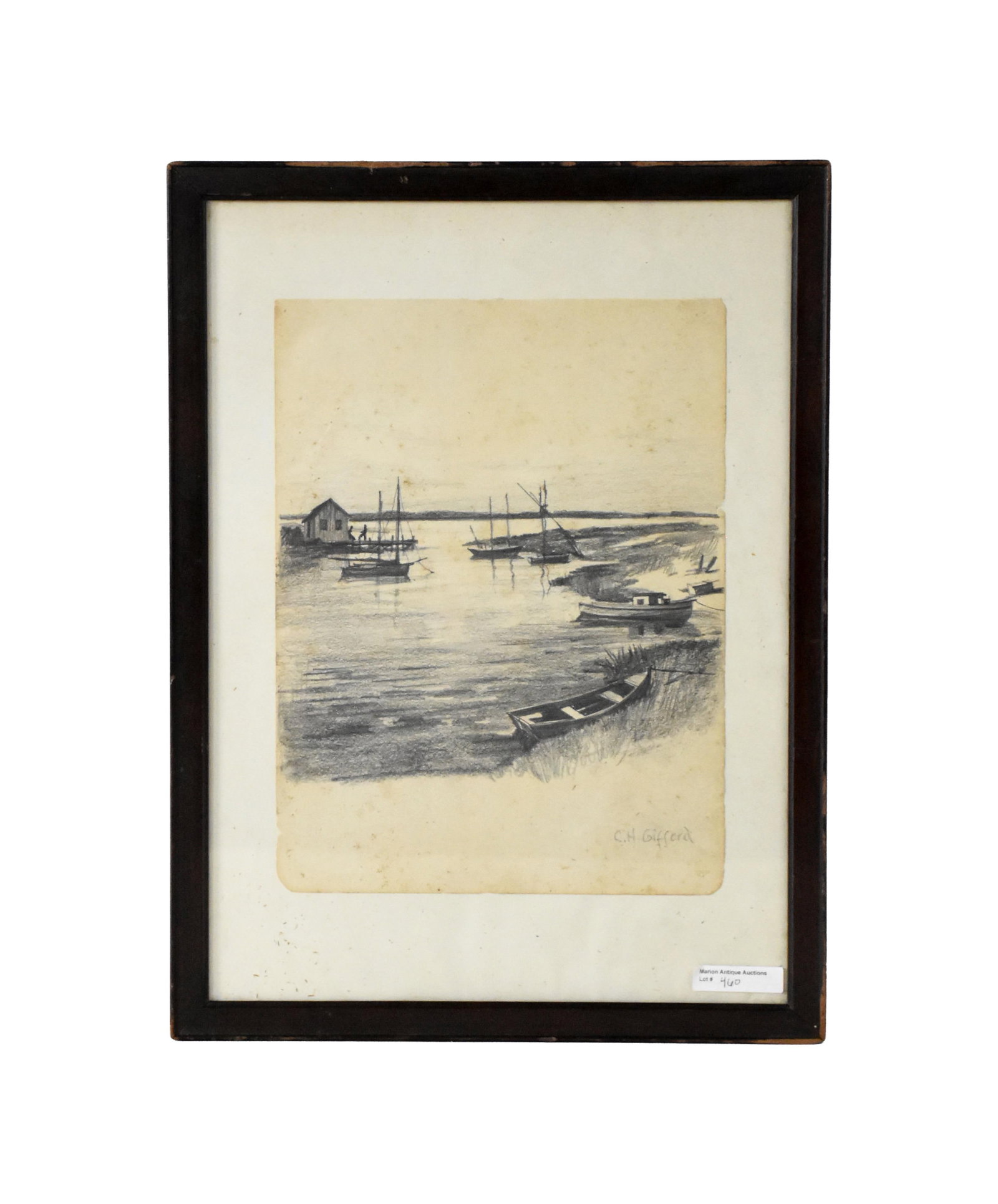 Charles Henry Gifford Drawing: (American/Massachusetts, 1839-1904). Pencil drawing. Depicts boats in a small harbor. Signed lower right. Sight size: 11 1/2" high x 8 3/4" wide. In a simple wooden frame under glass measuring: 17
