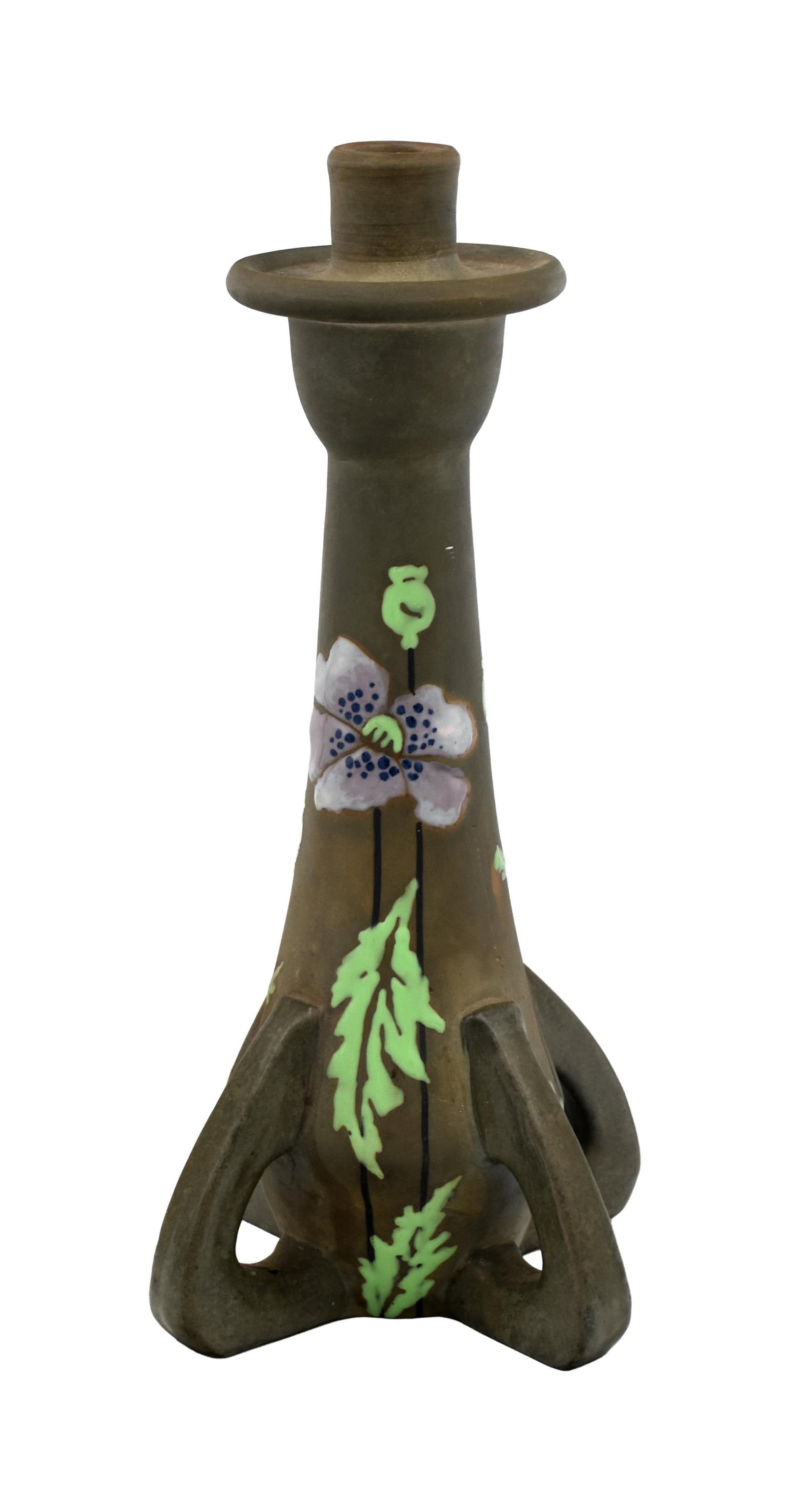 Florina Production Candlestick: Ca. 1905. Leaf and floral decoration. Unusual open footed base. 14" high x 7" wide.Good condition. IMPORTANT- Please note: all items are sold as is, where is, with all faults. Marion Antique Auctions