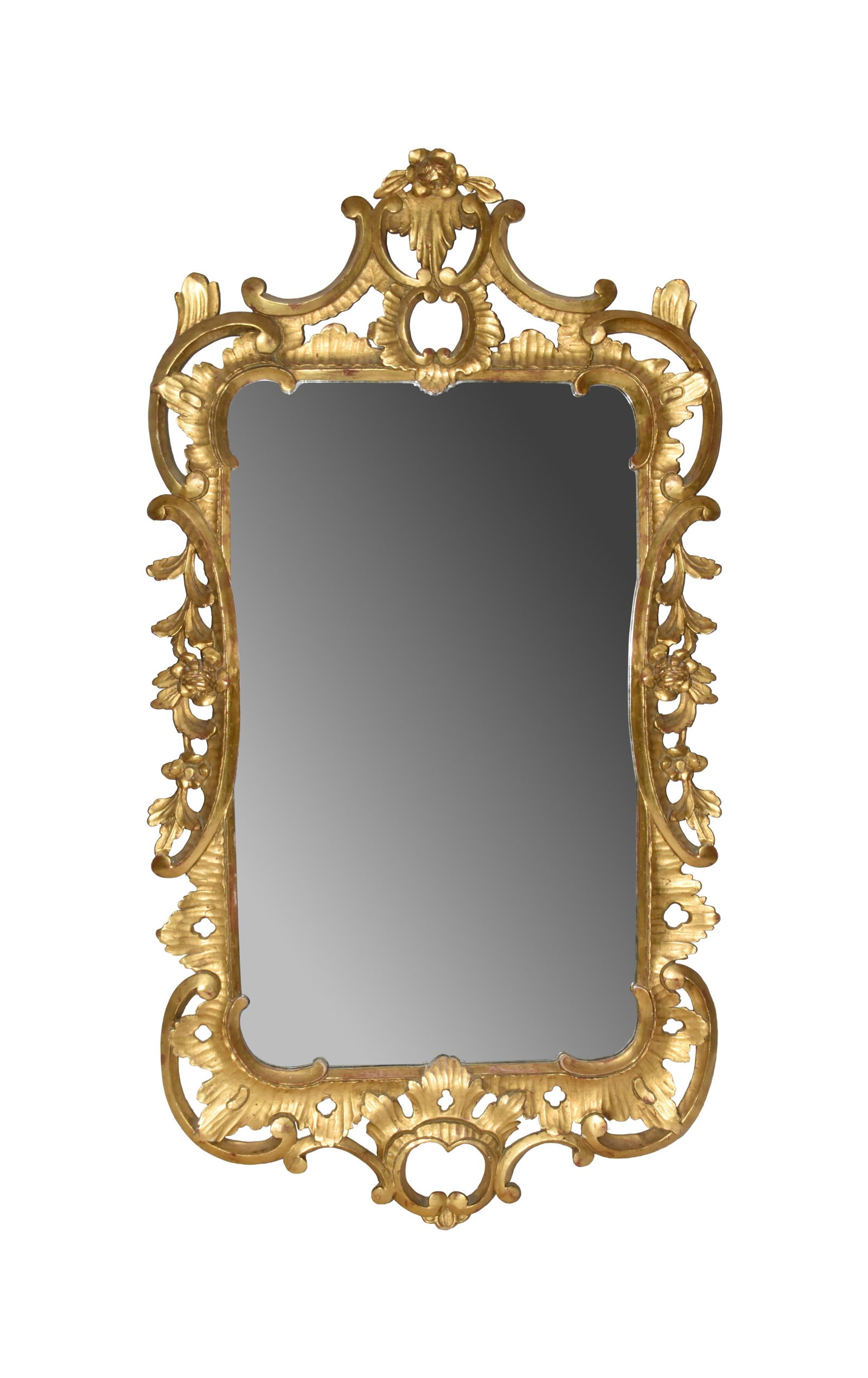 Carved and Gilt Rococo Mirror: Late 19th C. Floral and foliate carvings. 46 1/2" high x 12 1/4" wide.Original finish. Minor loss to gesso. IMPORTANT- Please note: all items are sold as is, where is, with all faults. Marion Antique 