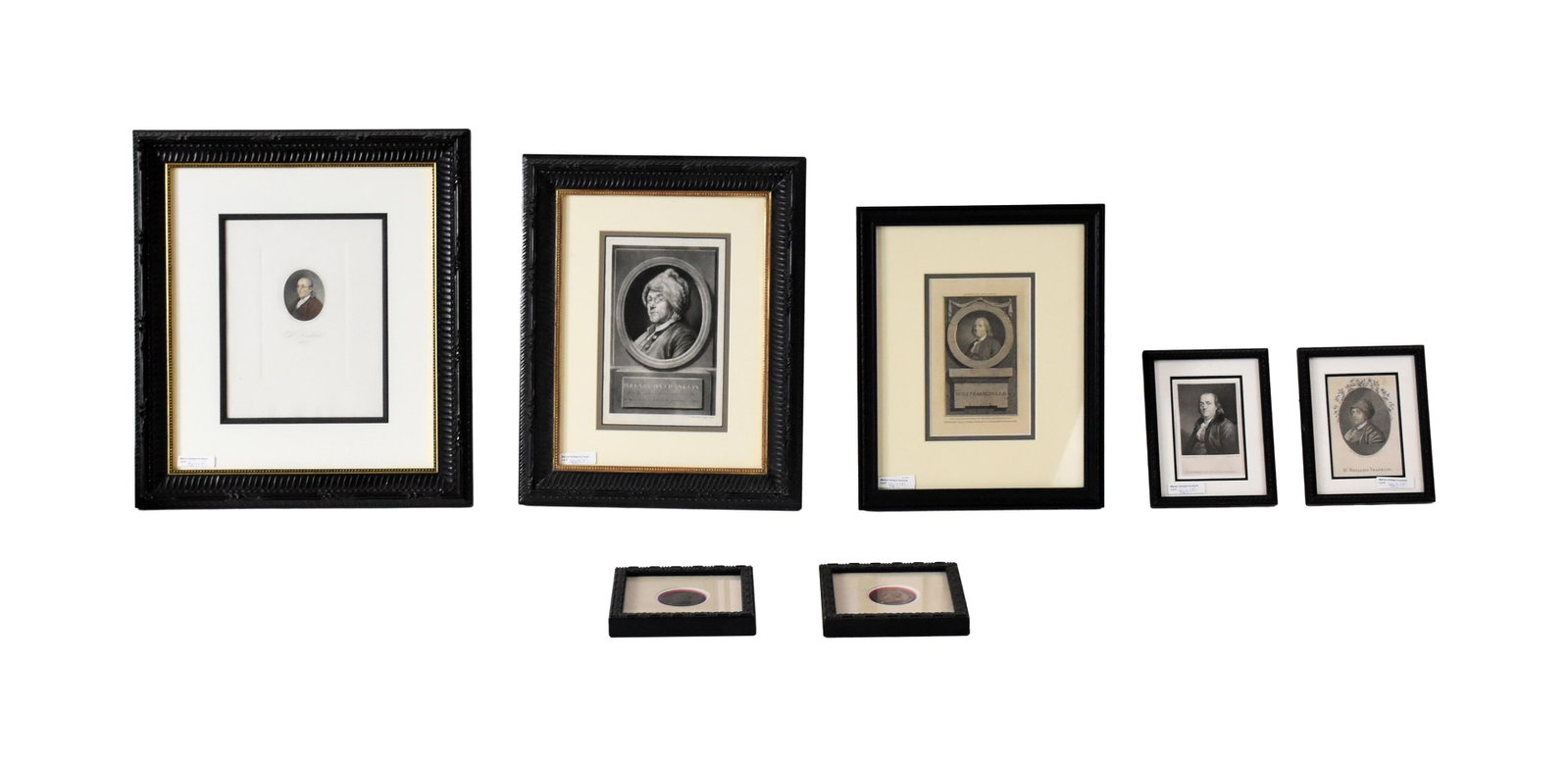 (6) Benjamin Franklin Engravings and Bronze Medals: (1706-1790) To include: (A) Engraving depicting Dr. Benjamin Franklin in a bear cap by P.R. Maverick. 65 Liberty Street, New York. He was one of the founders of the National Academy of Design. Sight