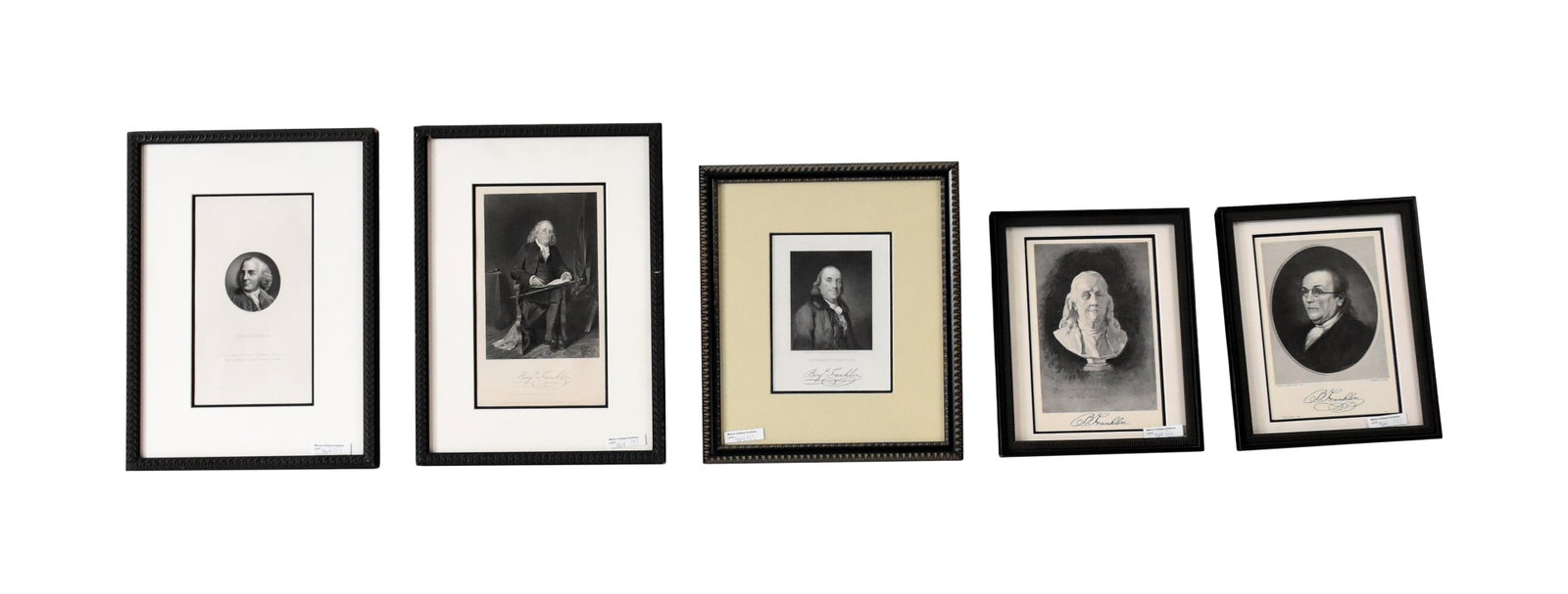 (5) Benjamin Franklin Early Engravings Lithographs: (1706-1790). To include: (A) Engraving depicting Benjamin Franklin. By R.W. Dodson. From a painting by Charles Longacre after an original miniature in the possession of W.J. Duane, Esq. Sight size: