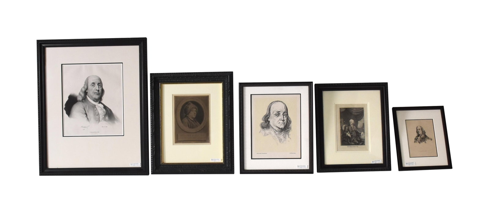(5) Benjamin Franklin Engravings and Lithographs: (1706-1790). To include: (A) Engraving of Benjamin Franklin. By Vernier, Lemartre, Delaistre. Sight size: 6 1/2" high x 5" wide. In a modern frame under UV glass measuring: 11" high x 9" wide. (B)