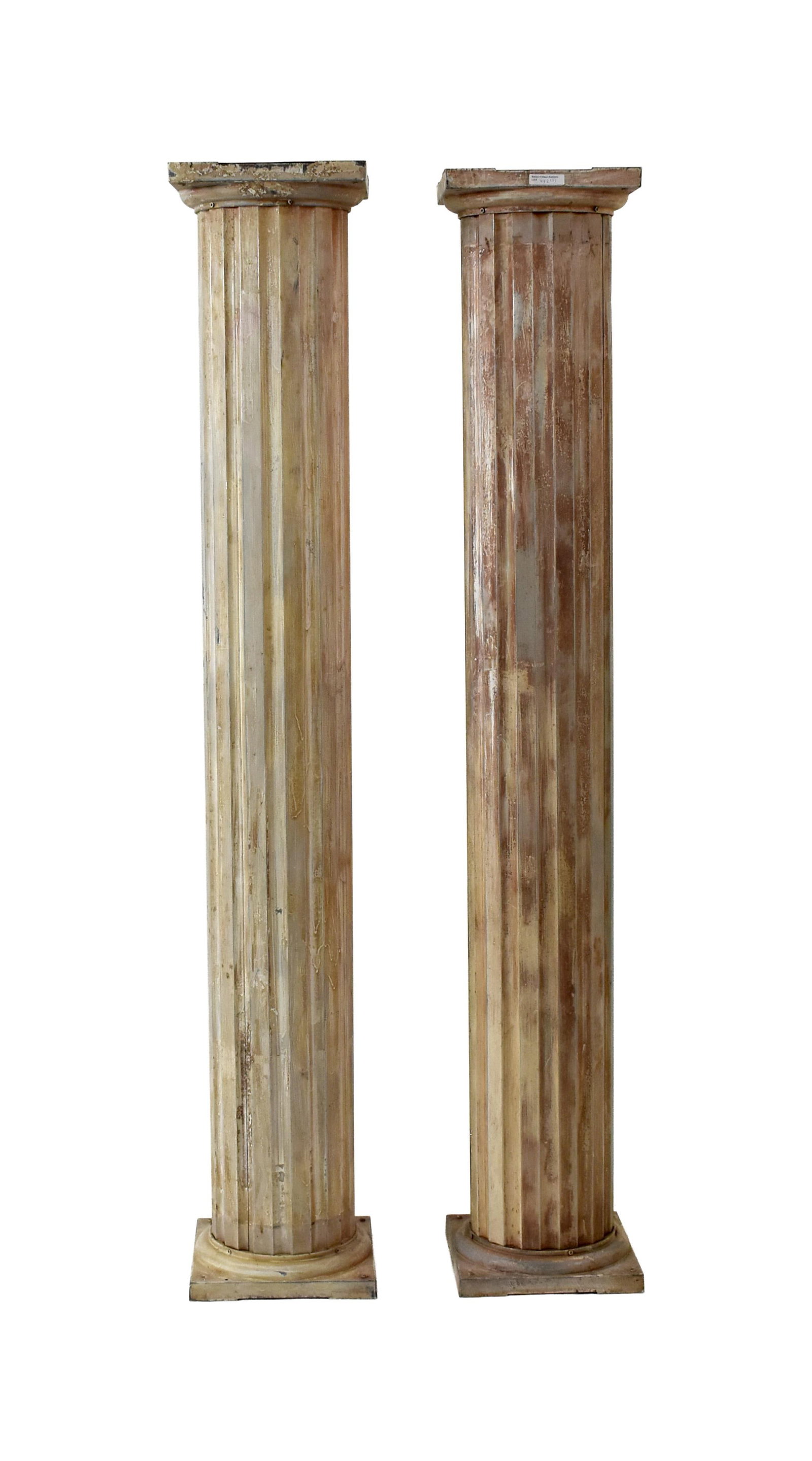 Pair of Cast Aluminum Classical Columns: 20th C. 58" high x 10" square at top. Provenance: Estate of Alfred J. Walker, legendary art dealer and collector. Founder of Walker-Cunningham Fine Art.Old worn painted finish. Good condition