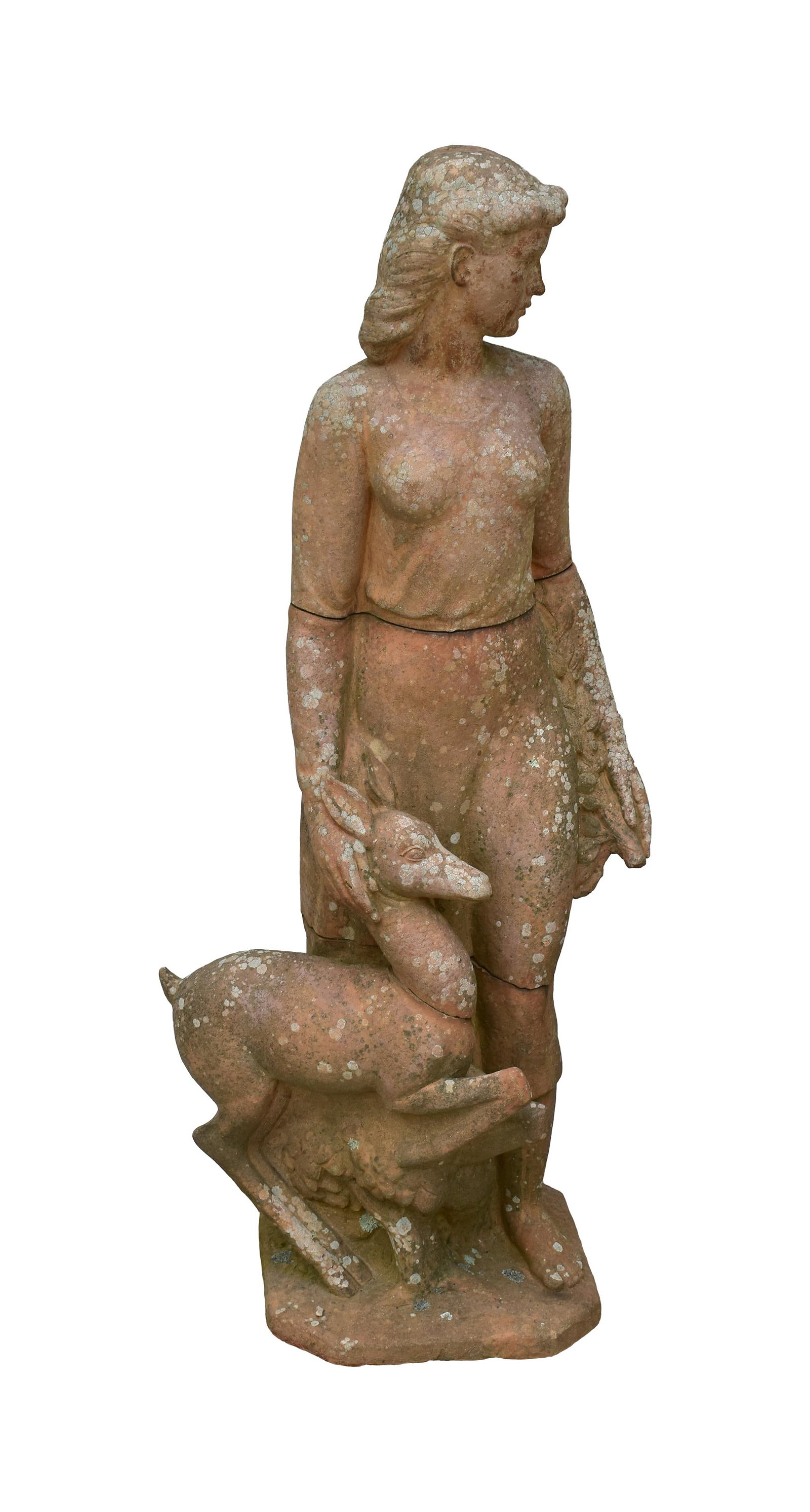 Everett DuPen Sculpture: (American, 1912-2005). Stone. Depicts a young woman with a fawn. Signed on base. Constructed in three sections. 58" high x 20" wide x 16" deep. At age three, DuPen attended the Panama Exhibition in Sa