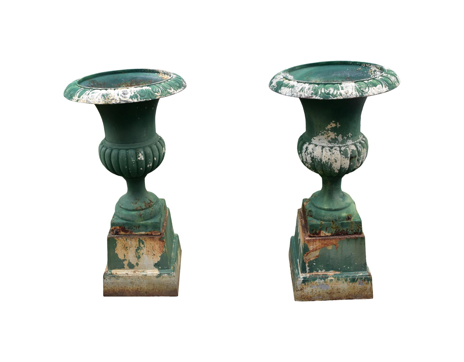 Pair of Cast Iron Classical Style Urns: 19th C. Original pedestals. 43" high x 22 1/2" diameter at top. Very heavy. Provenance: Estate of Alfred J. Walker, legendary art dealer and collector. Founder of Walker-Cunningham Fine Art.Good