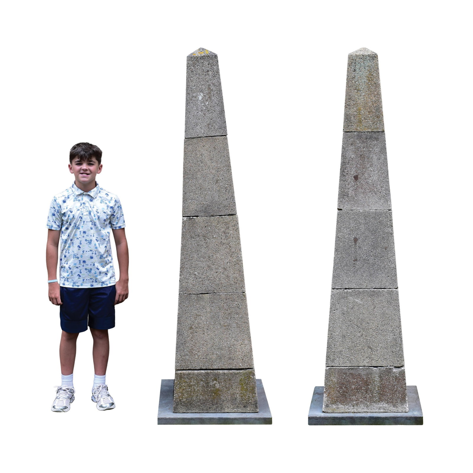 Pair of Cement Obelisks: Early 20th C. Each one is in five sections for easy transport. 74" high x 17" square at base. Provenance: Estate of Alfred J. Walker, legendary art dealer and collector. Founder of Walker-Cunningham