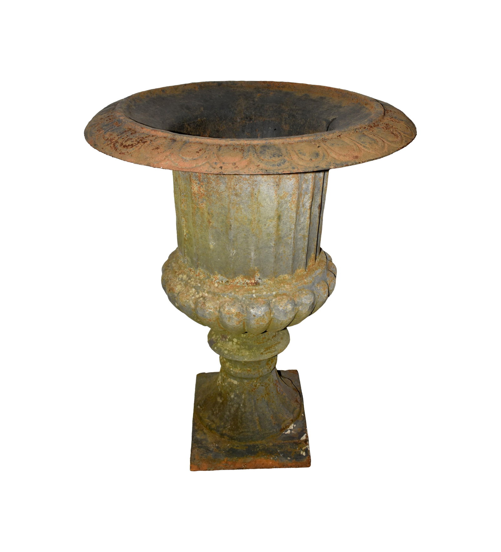 Classical Cast Iron Urn: 19th C. 33" high x 26" diameter at opening. Provenance: Estate of Alfred J. Walker, legendary art dealer and collector. Founder of Walker-Cunningham Fine Art.Old worn painted finish. Good condition.
