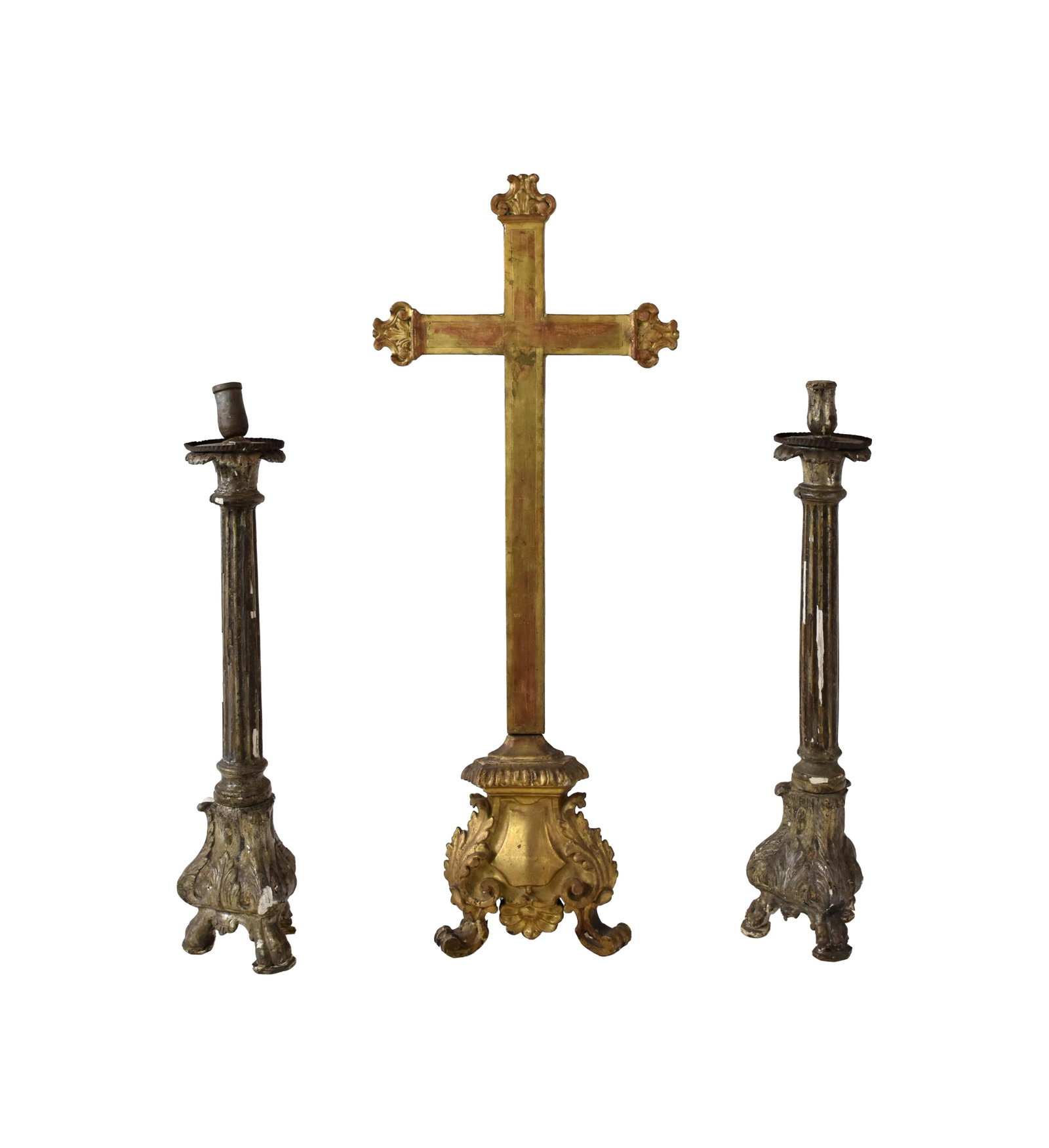 (3) Ecclesiastical Items: 18th C. Most likely Italian. To include: (A) Large crucifix with ornate pedestal base and gilded finish. Two-piece construction. Animal paw feet. 48" high x 18 1/2" wide. (B) Pair of Baroque-style