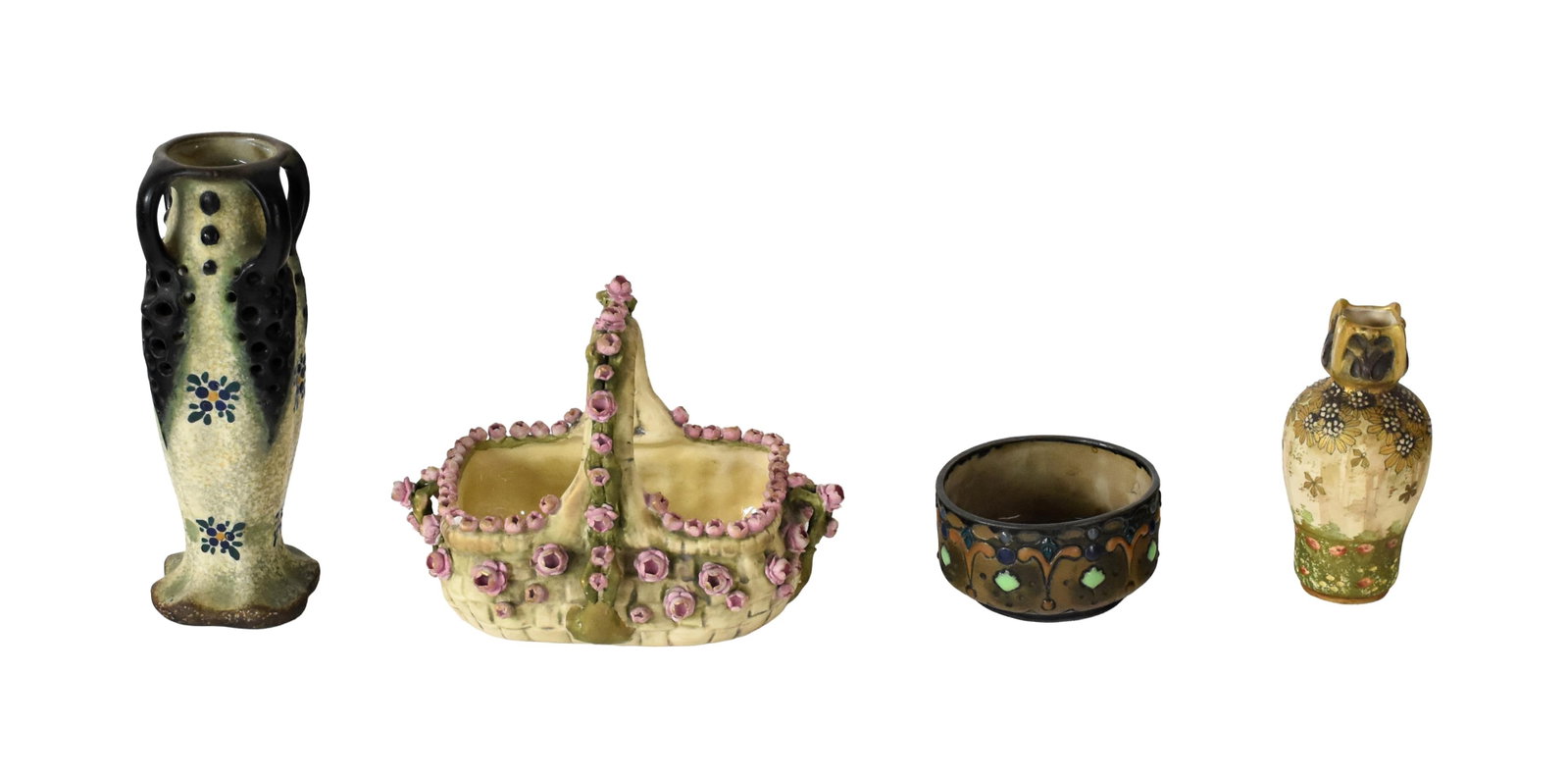 (4) Austrian Ceramic Pieces: Early 20th C. To include: (A) Footed bowl. Depicts a castle scene and raised multi-colored design. Marked "Austria 11918". Initialed "M". 2 1/2" high x 4 3/4" diameter. (B) Tall handled vase. Amphora