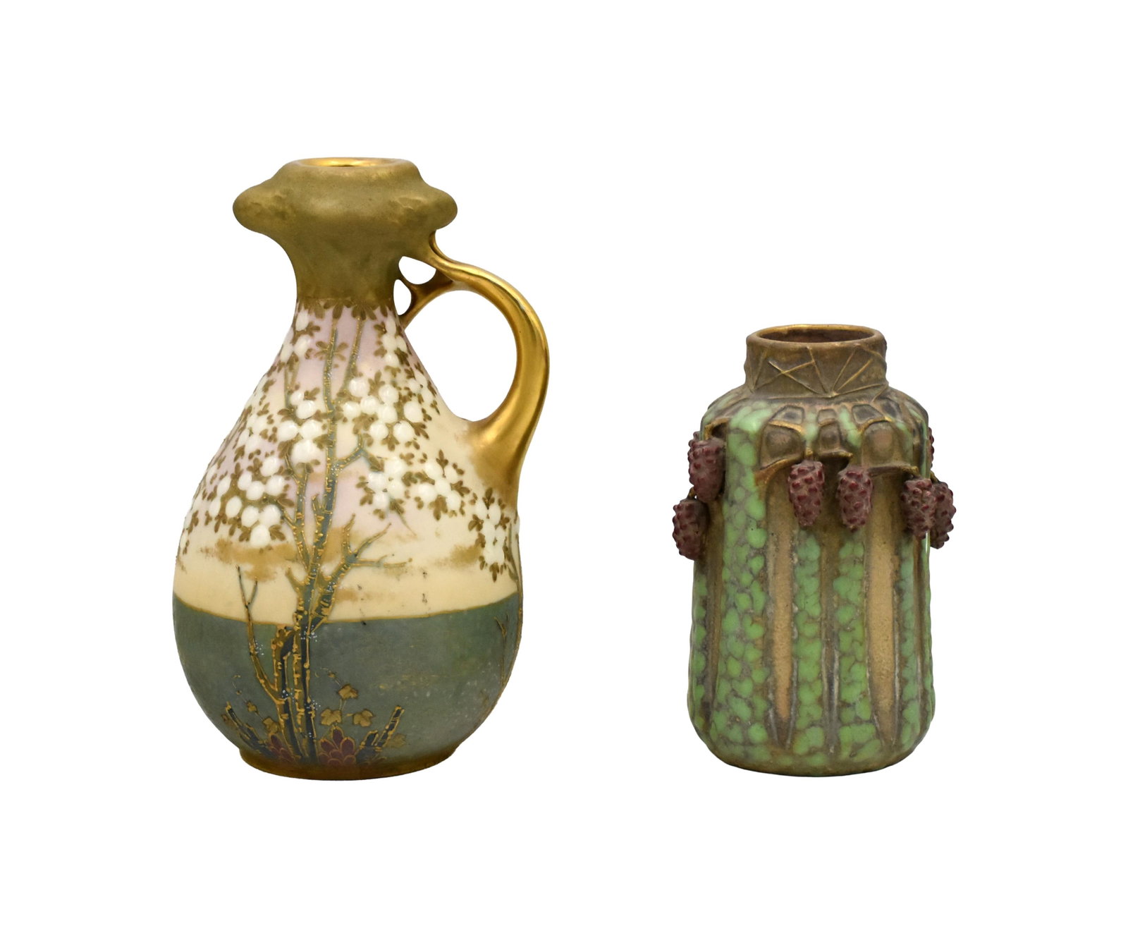 Teplitz Pitcher and Vase: Early 20th C. To include: (A) Handled pitcher with raised floral design. Marked "Teplitz, Bohemia, RSTK" on bottom. 9" high x 5" wide. 1.2 lbs. (B) Vase in the form of a stylized fruit tree with