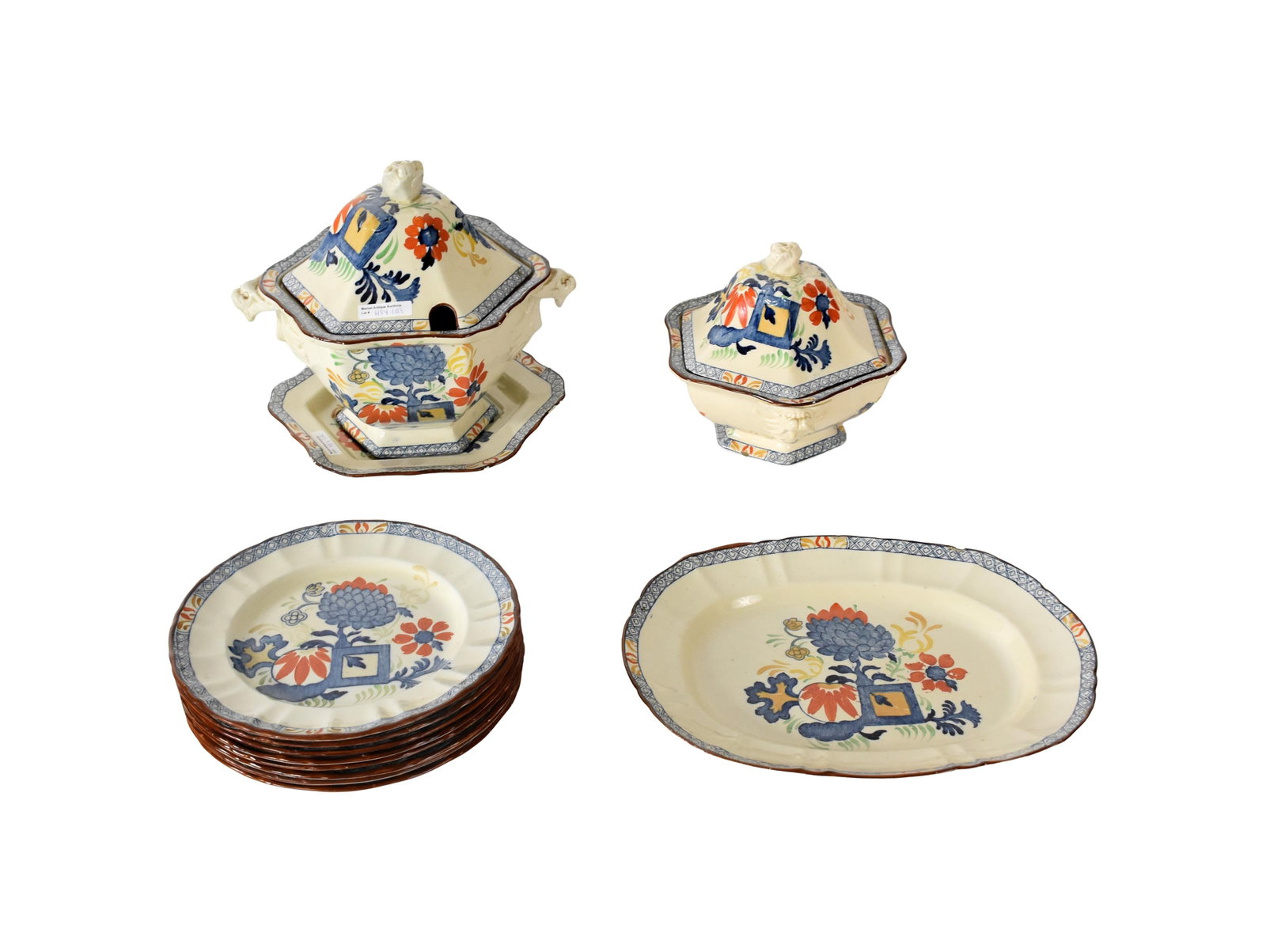 (12) Mason's Ironstone Pieces: Late 19th C. Marked "Mason's, Patent Ironstone China, Jardiniere Pattern, England on bottom". To include: (A) Oval platter. 13 1/4" wide x 10 1/2" deep. (B) Two plates. 9 1/4" diameter. (C) Hexagonal
