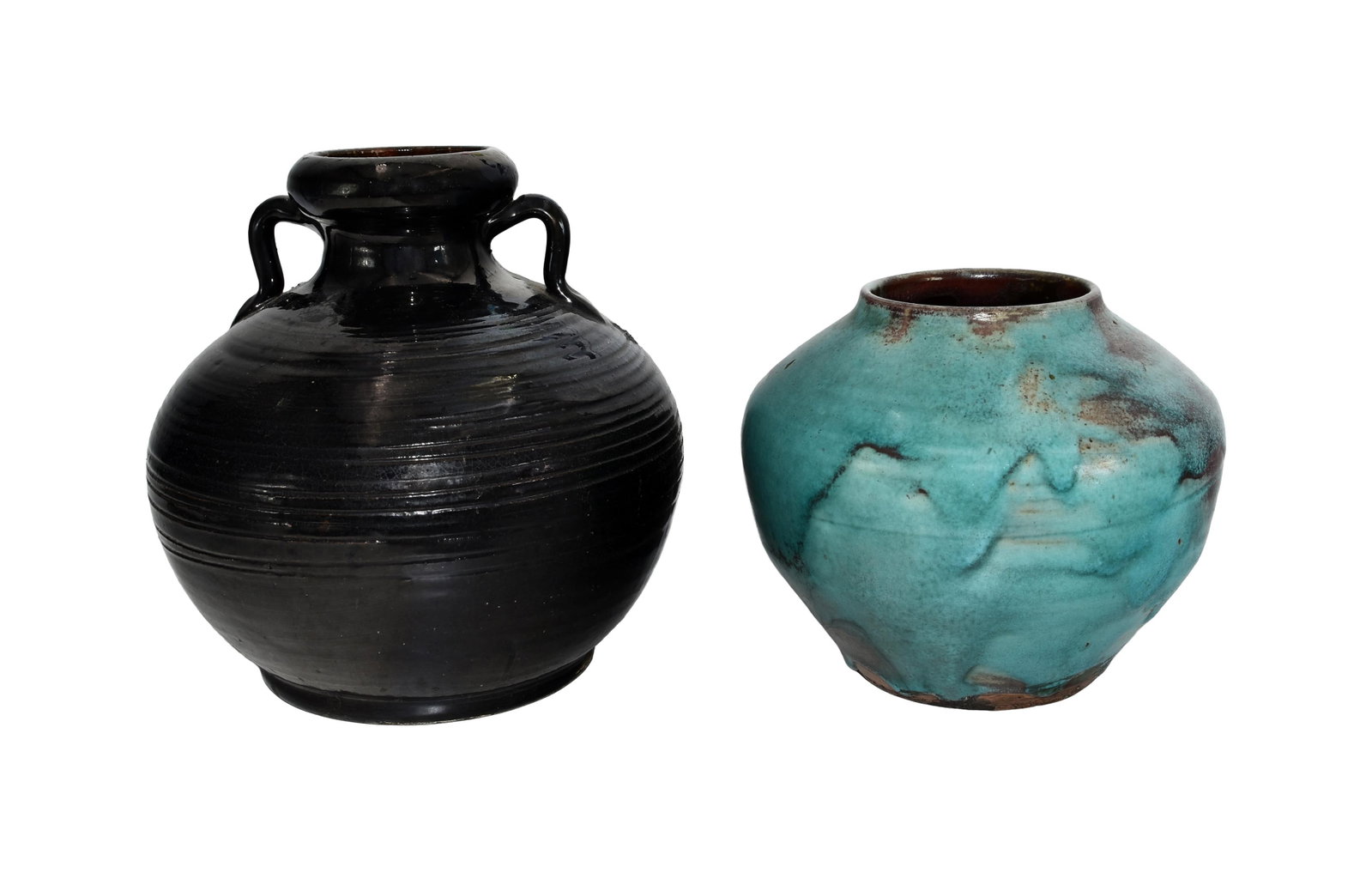 (2) Jugtown Vases: 20th C. Stamped "Jugtown Ware" on bottom. To include: (A) Rounded turquoise and brown glazed vase with short neck. 5 3/4" high x 6 1/2" diameter. (B) Black glazed-handled jar with incised banding and