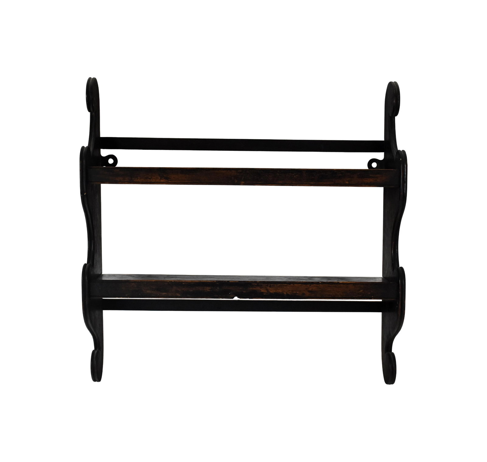 Hand Carved Wooden Shelf: 19th C. Oak. Whale shaped ends. Pegged construction. 24" high x 24" wide x 6" deep. Provenance: Paul Madden Antiques, Nantucket. Old worn finish. Good condition. IMPORTANT- Please note: all items are