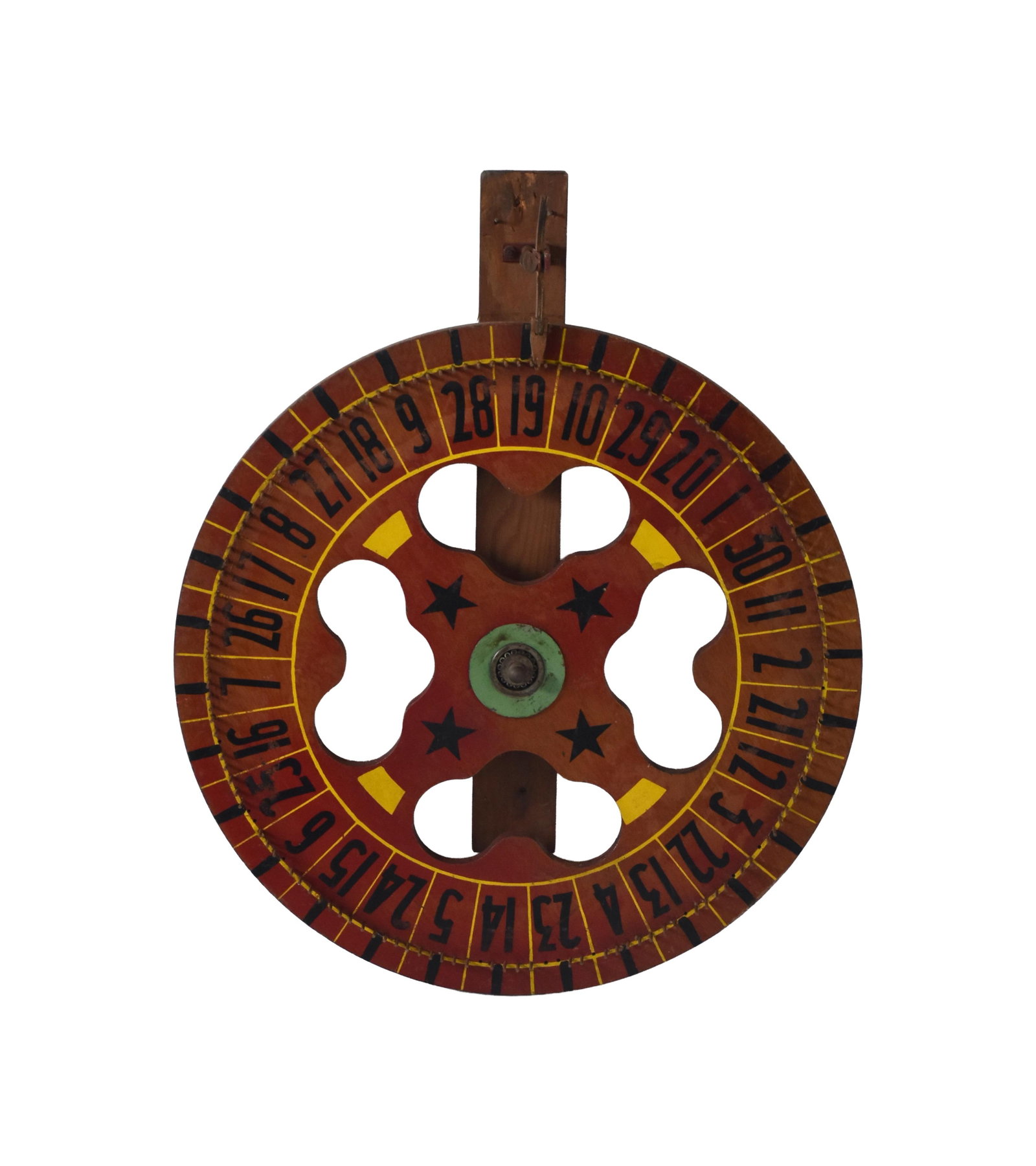 Folk Art Gaming Wheel: Early 20th C. 28" high with backing x 2 1/2" deep x 24" diameter. Original painted finish. Age appropriate wear. Appears to be in working condition. IMPORTANT- Please note: all items are sold as is,