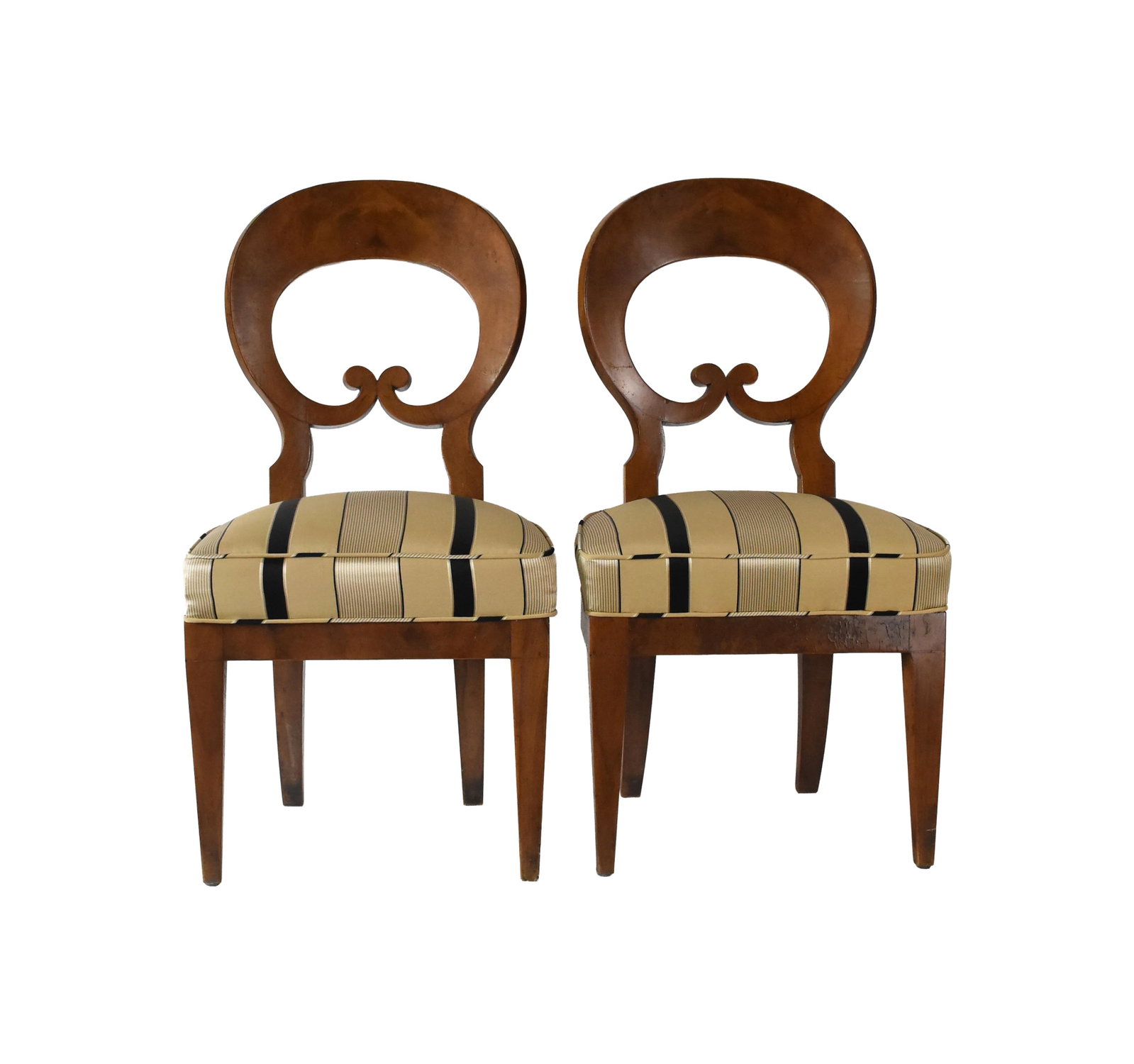 Pair of Biedermeier Side Chairs: 19th C. Burled fruitwood. New striped upholstered seats. 37" high x 19" wide x 18" deep. 19" seat height. Provenance: Estate of Alfred J. Walker, legendary art dealer and collector. Founder of