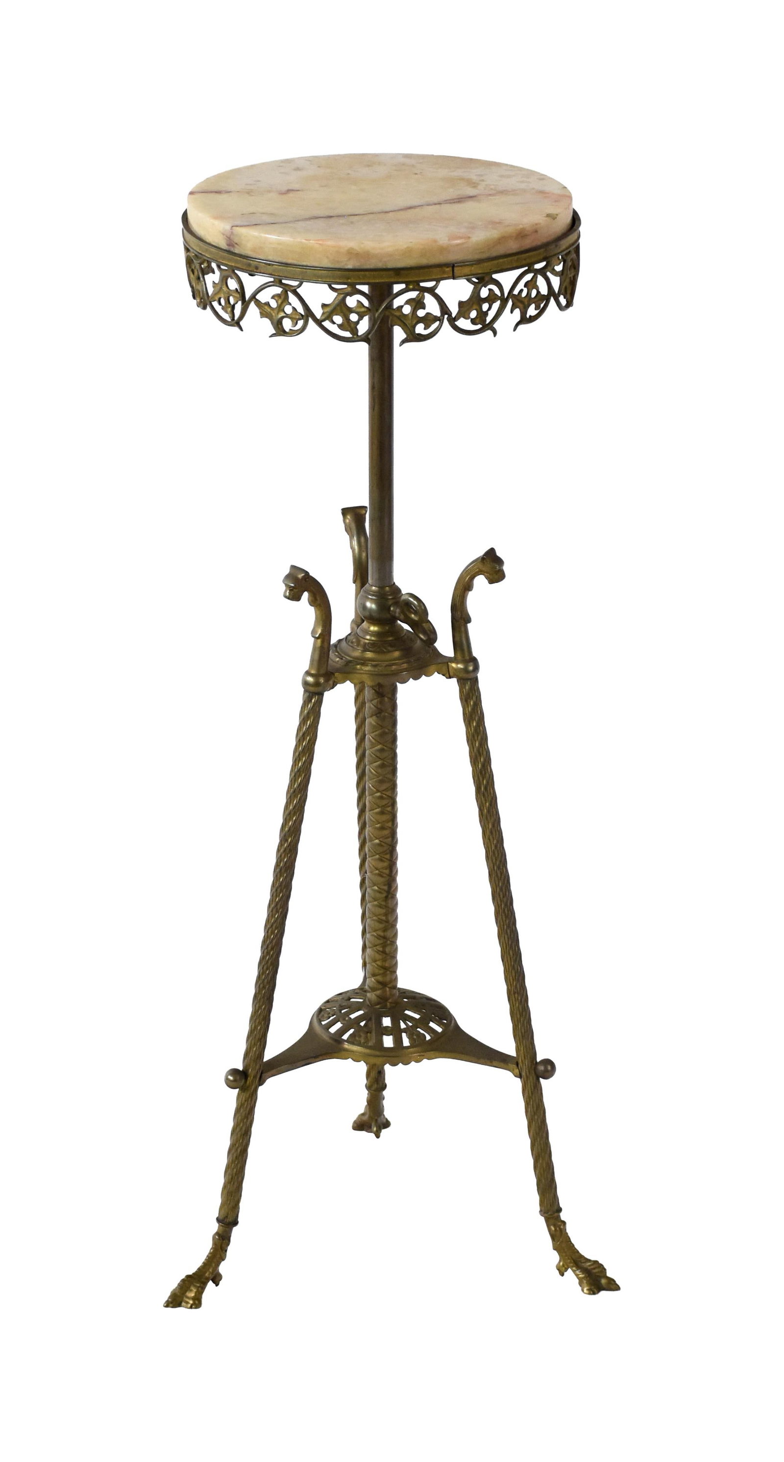 Brass Adjustable Candle Stand: 19th C. Onyx top. Lion head mounts and claw feet. Rope twist legs. 34" high x 14" diameter at base. 18.4 lbs. Provenance: Estate of Alfred J. Walker, legendary art dealer and collector. Founder of