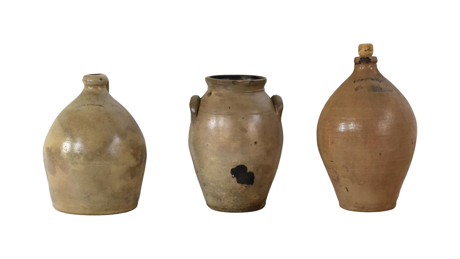 (3) Stoneware Jugs and Crock: Early 19th C. To include: (A) Goodwin and Webster jug. 12 1/2" high x 7 1/2" diameter. (B) Loammi Kendall Chelsea jug. 11 1/2" high. (C) Loammi Kendall Chelsea crock. Double-handled. 11 1/4" high.