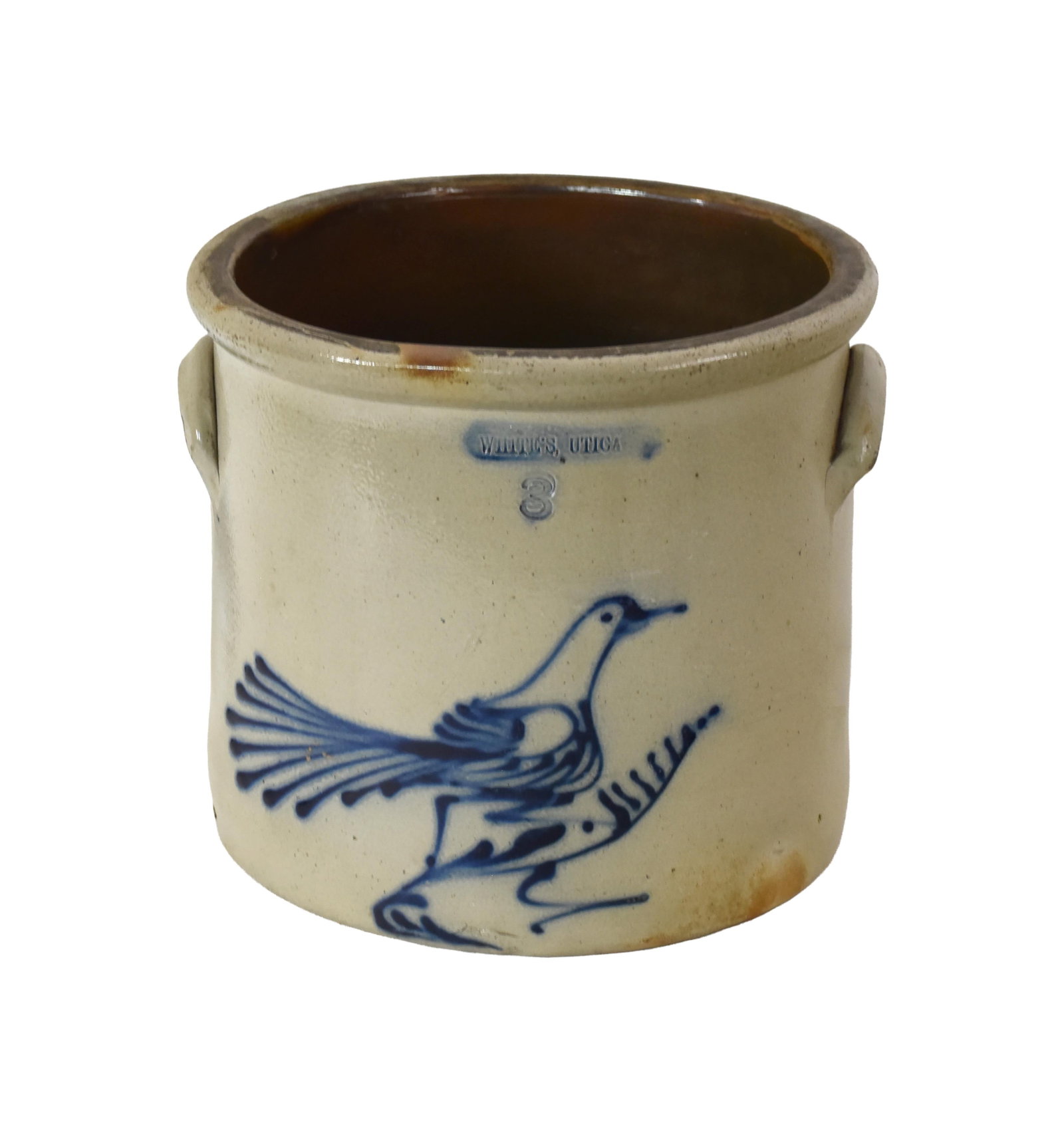 Stoneware Crock: Late 19th C. Three gallon. Whites, Utica, New York. Bird motif. 10" high x 11" diameter.Good condition consistent with age and use. IMPORTANT- Please note: all items are sold as is, where is, with