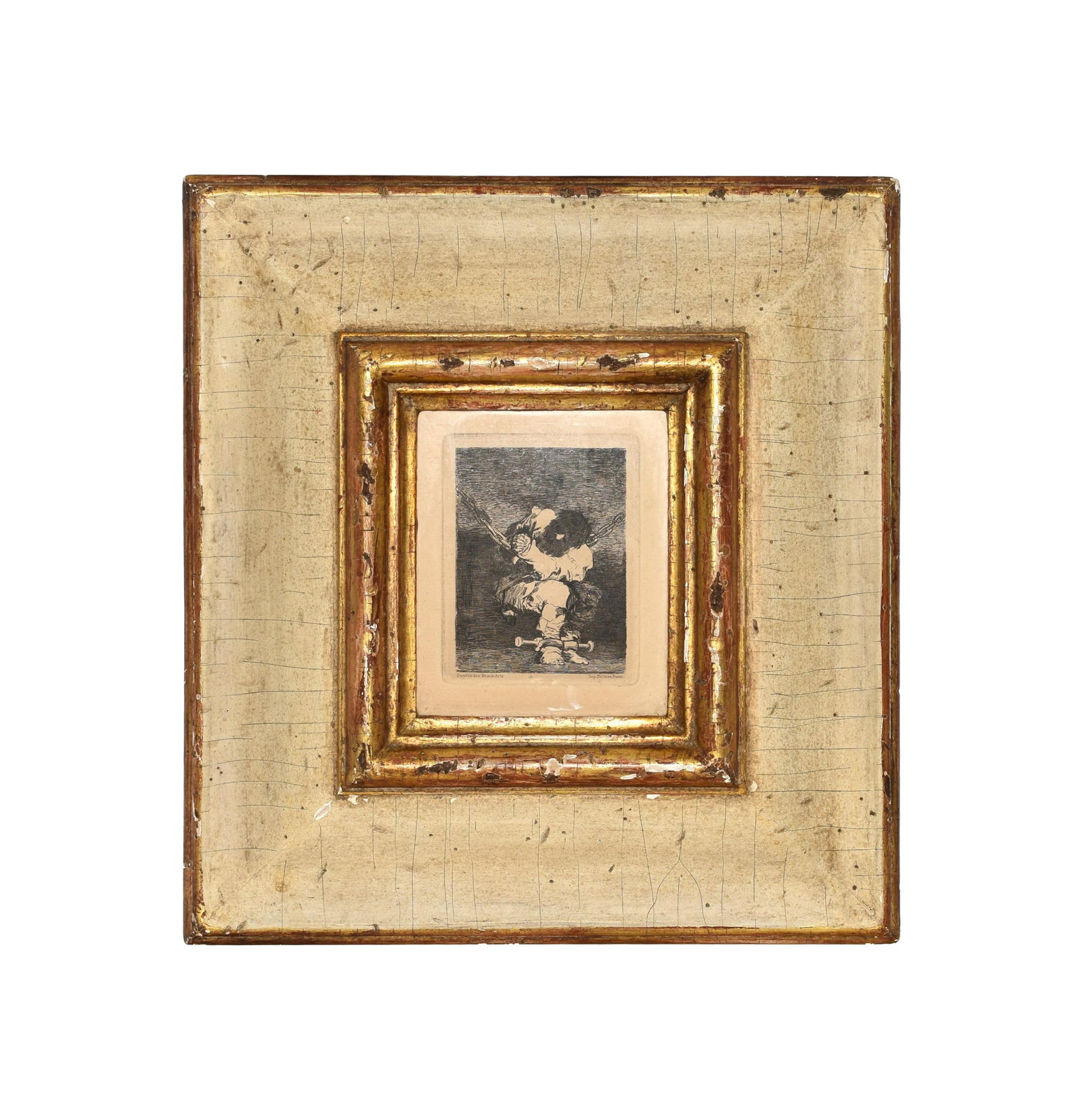 Francisco Goya Etching: (Spanish, 1746-1828). After the original plate. "Dios se lo Paque a Usted". Depicts a man in chains and shackles. Signed lower left: "Gazette des Beaux Arts". Signed on lower right: "Impression