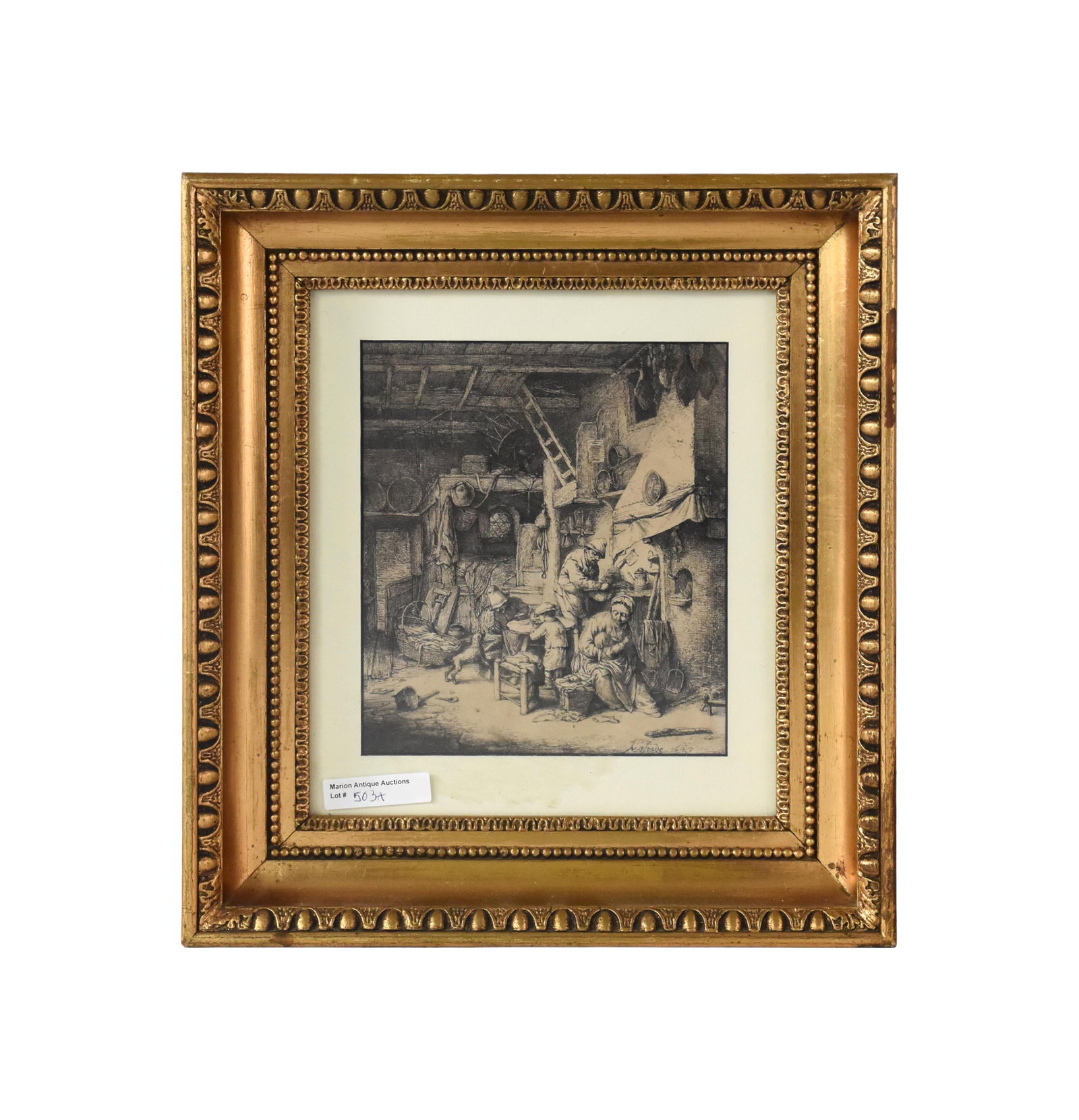 Adriaen van Ostade Etching: (Dutch, 1610-1685). "Peasant Family in an Interior". Signed in plate lower right. Dated 1647. Sight size: 7" high x 6" wide. In a gilded wooden frame under UV glass measuring: 12" high x 11 1/2"