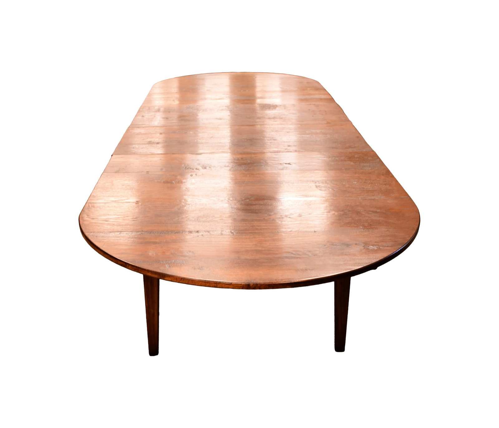 English Country Oak Farm/Banquet Table: 20th C. Natural finish. Square with tapered Legs. Two 19" leaves. 30" high x 44" wide x 89 1/2" long. 128" long with leaves. Good condition consistent with age and use. IMPORTANT- Please note: all ite