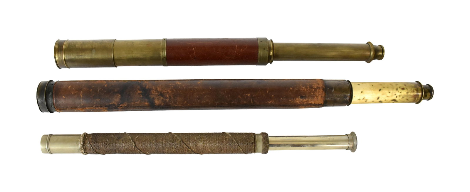 (3) British Naval Telescopes: 19th C. To include: (A) Brass and wood. Two draw. Made by Spencer Browning & Rust, London. 39 1/2" long fully extended. (B) Brass single-pull with leather wrap. Made by Frodsham, Liverpool. 44 1/4" lo