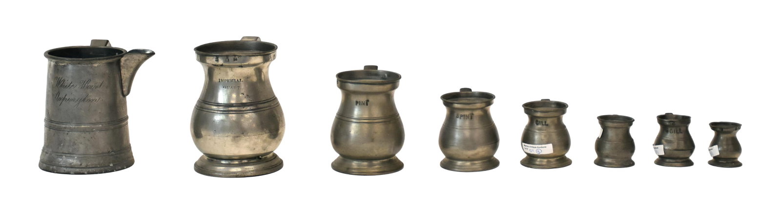 (8) Pewter Measures: 19th C. Ranging in size from 2" - 6 1/4" high. Provenance: Estate of Alfred J. Walker, legendary art dealer and collector. Founder of Walker-Cunningham Fine Art.They show some denting and scratching