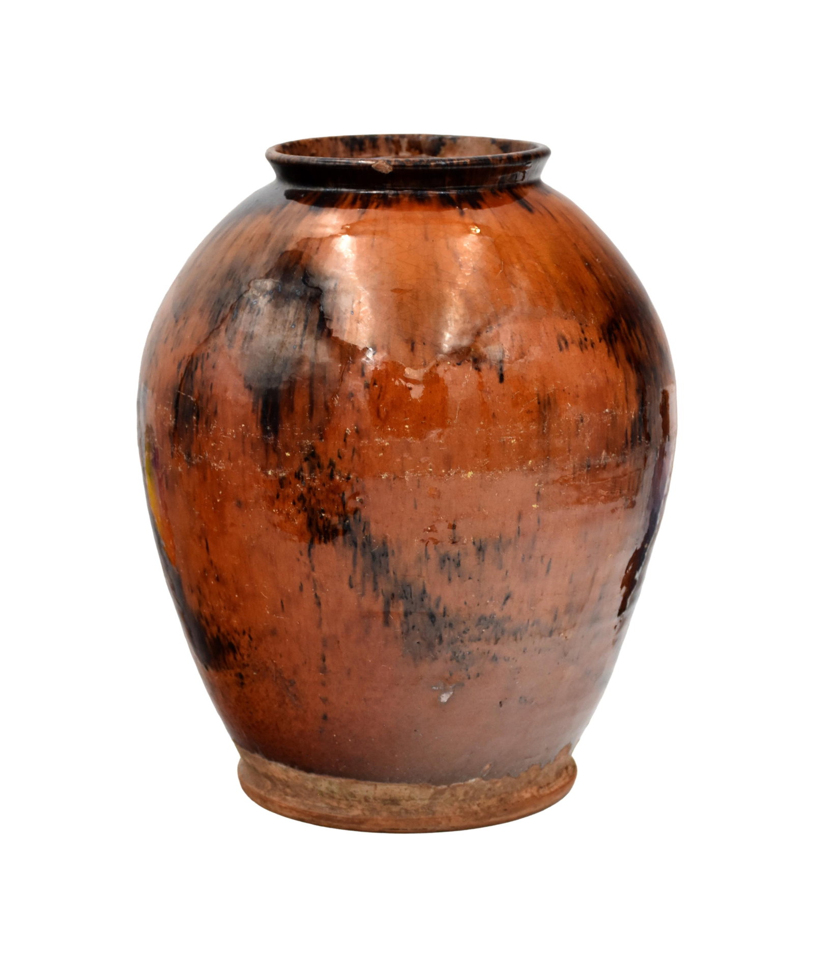 Redware Ovoid Jar: Early 19th C. Possibly Bristol, Rhode Island. 10" high x 8" diameter.Shows crack and chip to rim. IMPORTANT- Please note: all items are sold as is, where is, with all faults. Marion Antique Auctions