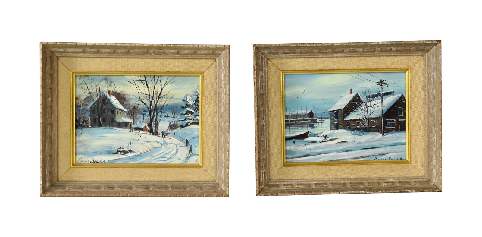 (2) Louis Sylvia Paintings: (American/Massachusetts). New Bedford artist. Depicting winter scenes of a harbor and a country road. Sight size: 5 1/2" high x 7 1/2" wide. In carved wood frames with burlap matting measuring: 9