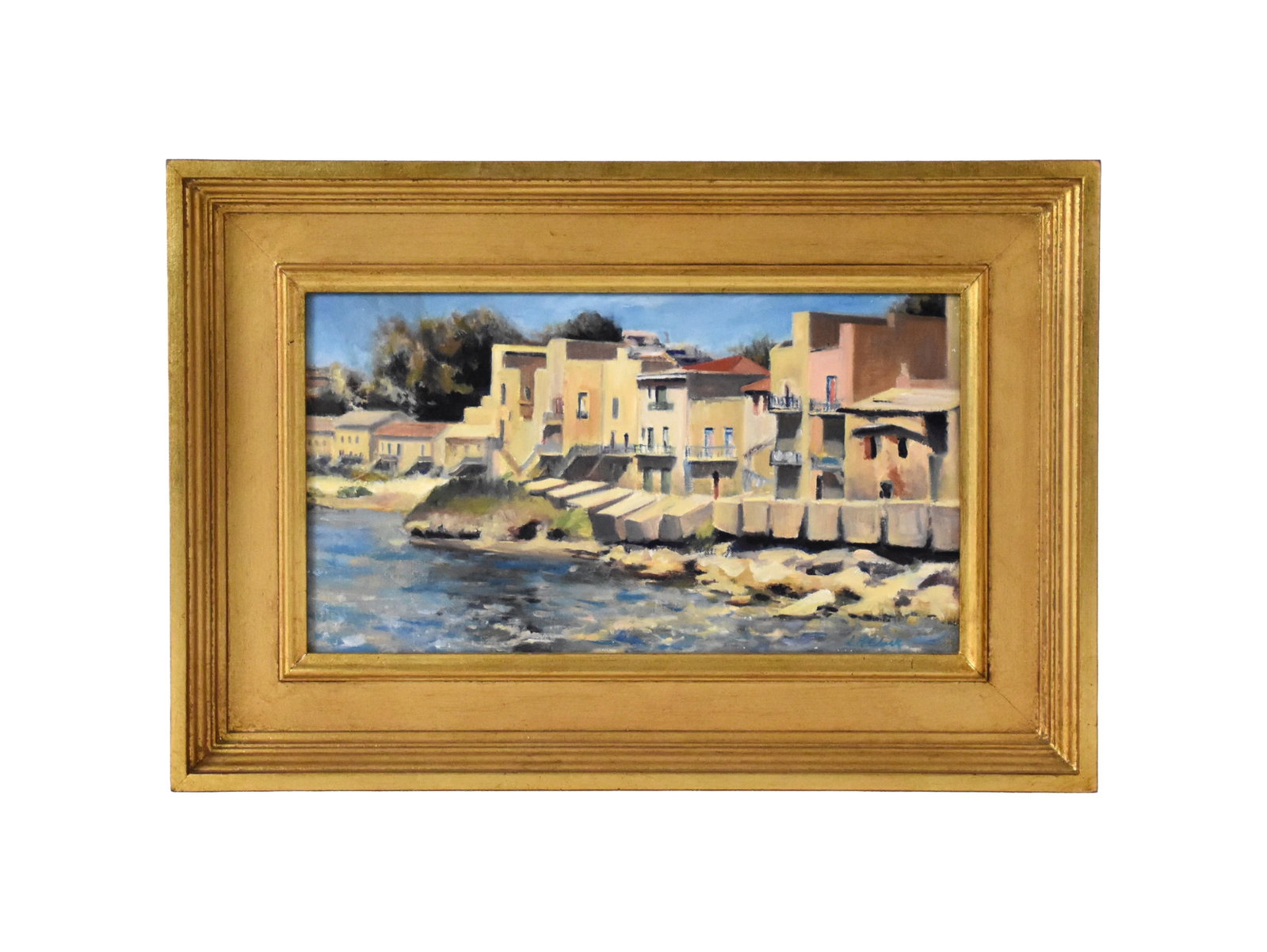 Laura H. Clark Painting: (20th/21st C.). Oil on canvas. Sciacca, Sicily. Signed lower right and on verso. Sight size: 8" high x 13 3/4" wide. In a contemporary molded and gilded frame measuring: 13" high x 19" wide.Good