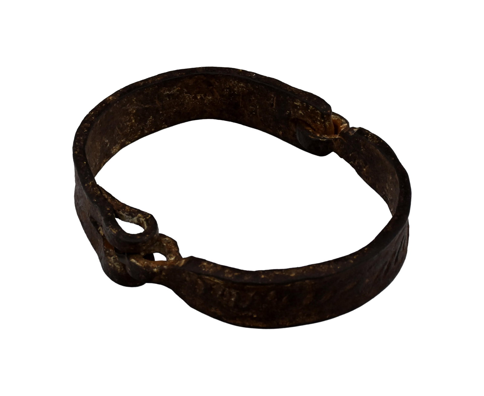 Slave Collar: 19th C. Wrought iron with geometric pattern design. 1 1/2" high x 6 1/2" wide x 5 1/2" deep. As found condition. IMPORTANT- Please note: all items are sold as is, where is, with all faults. Marion