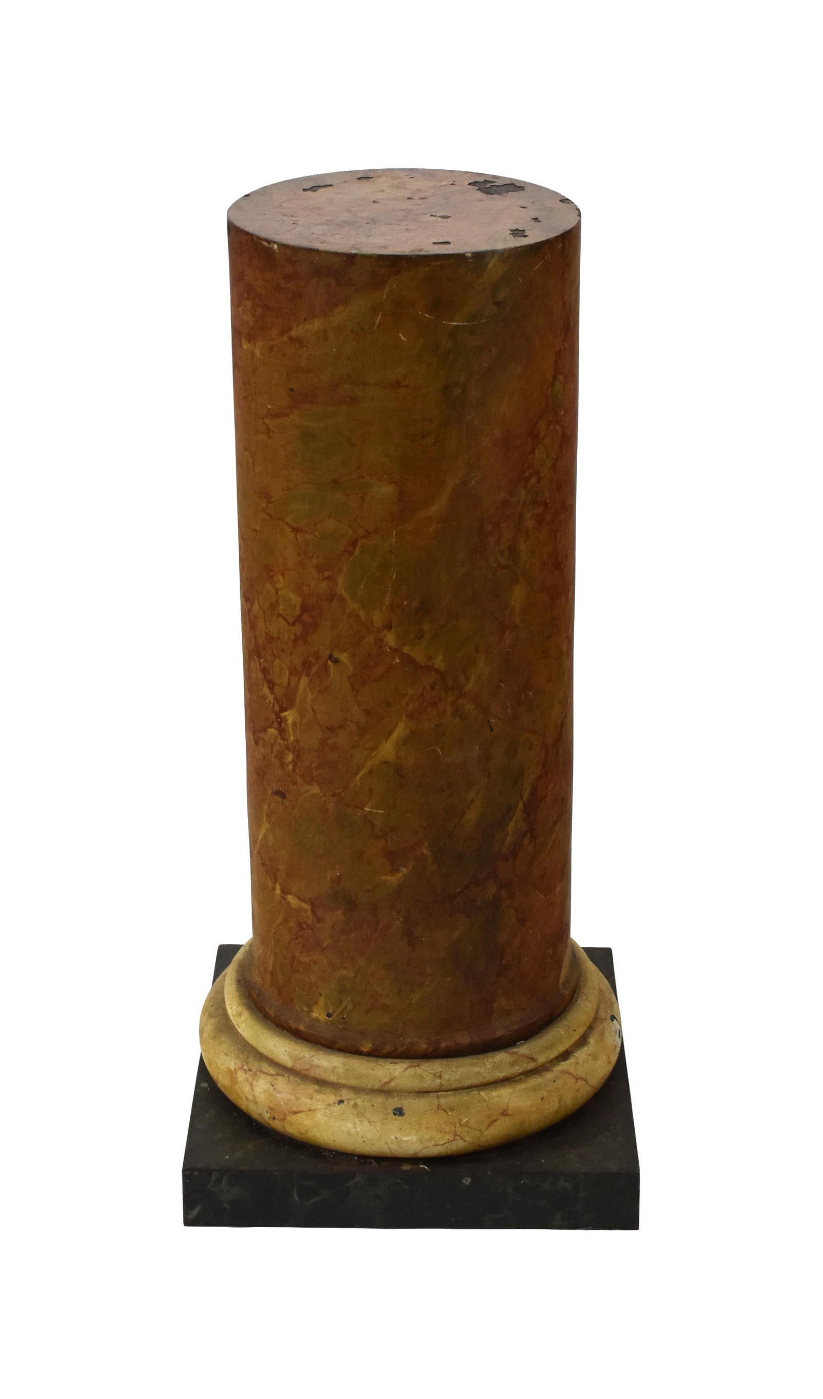 Painted Pedestal: 19th C. Marbleized painted tin column form pedestal. 39" high x 18" square at base. 13" diameter column. Provenance: Estate of Alfred J. Walker, legendary art dealer and collector. Founder of Walker-C